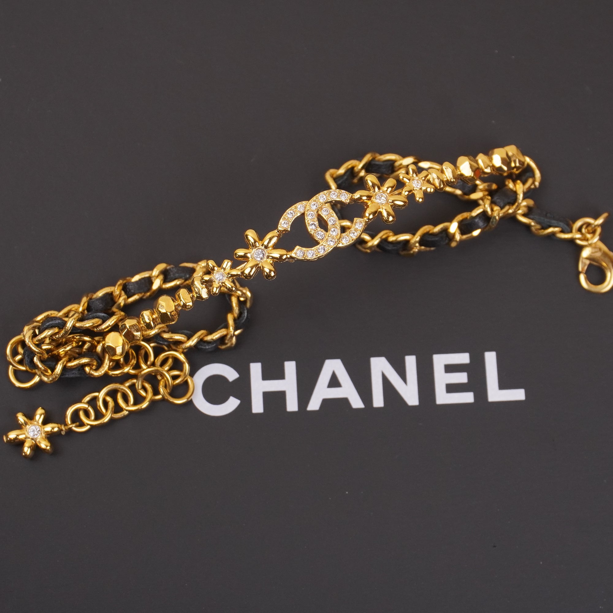 PRE-OWNED CC Coco Mark Choker Rhinestone Leather Necklace Gold