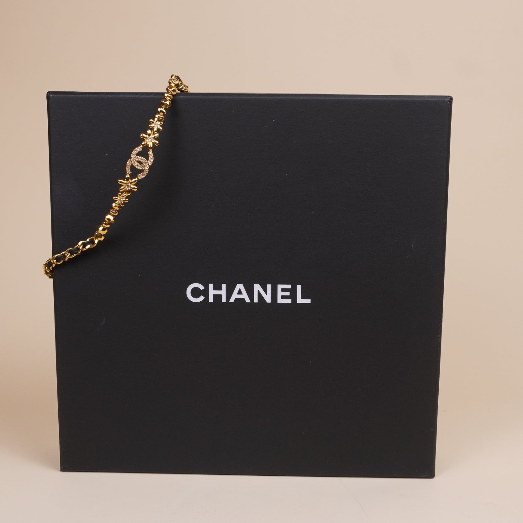 PRE-OWNED CC Coco Mark Choker Rhinestone Leather Necklace Gold