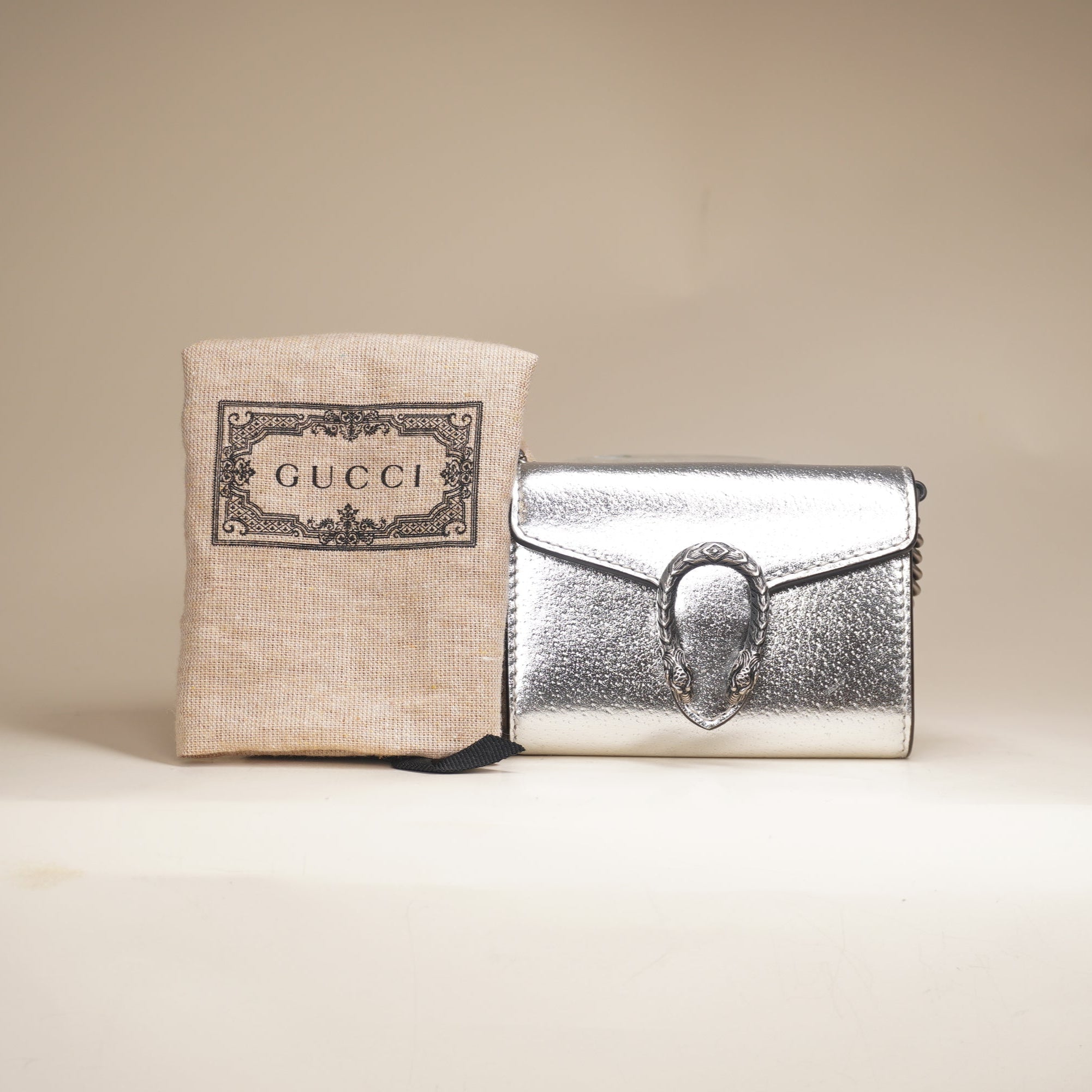 PRE-OWNED GG Silver Metallic Calfskin Super Mini Dionysus Shoulder Bag