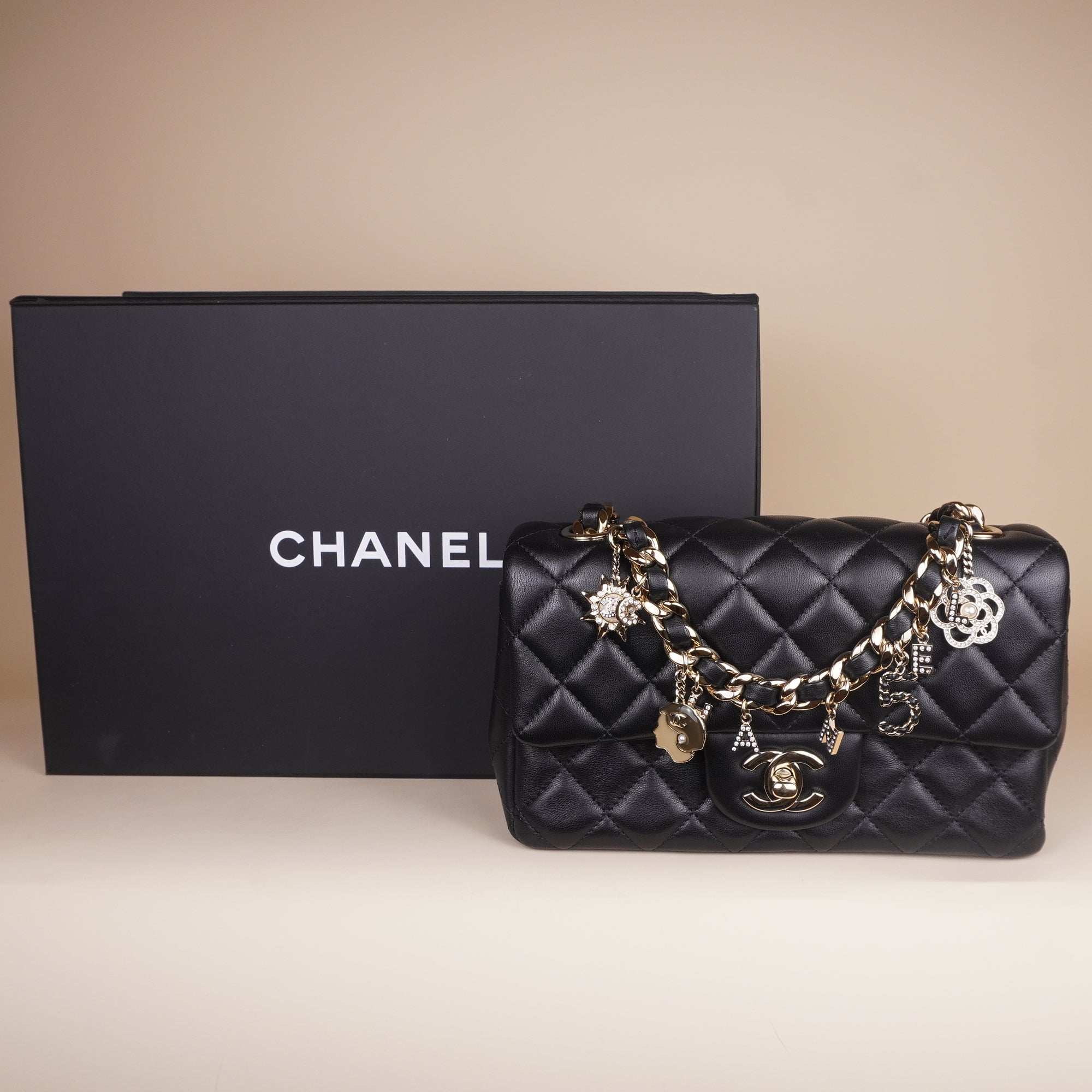 PRE-OWNED CC Lambskin Quilted Mini Coco Charms Rectangular Flap Black