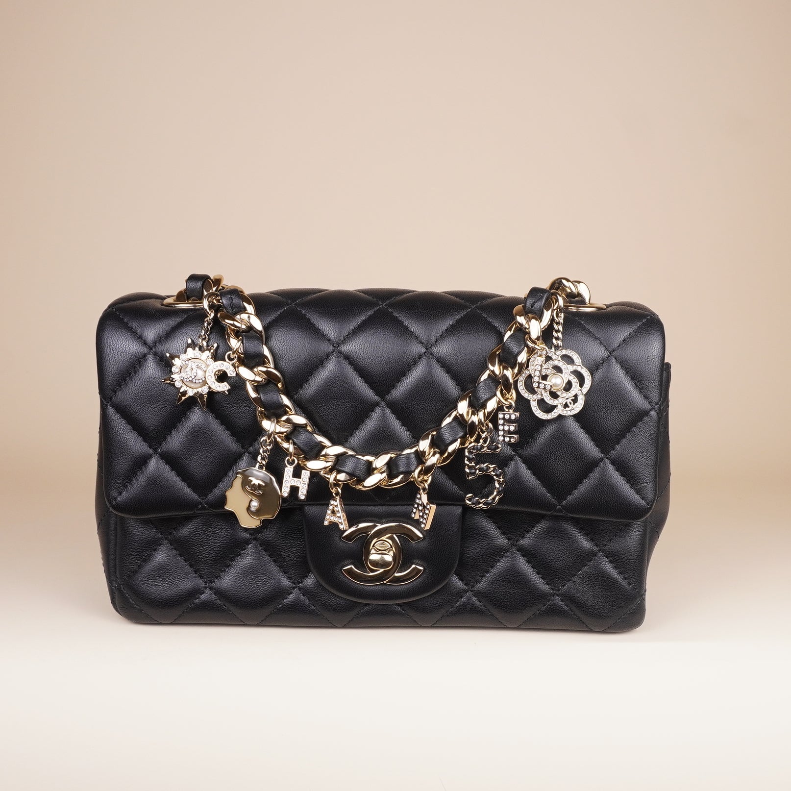 PRE-OWNED CC Lambskin Quilted Mini Coco Charms Rectangular Flap Black