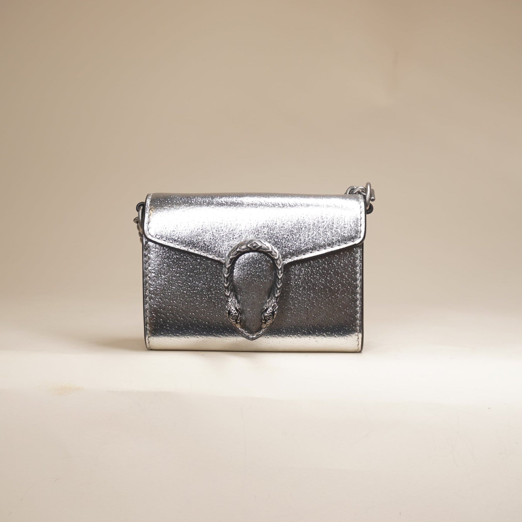 PRE-OWNED GG Silver Metallic Calfskin Super Mini Dionysus Shoulder Bag