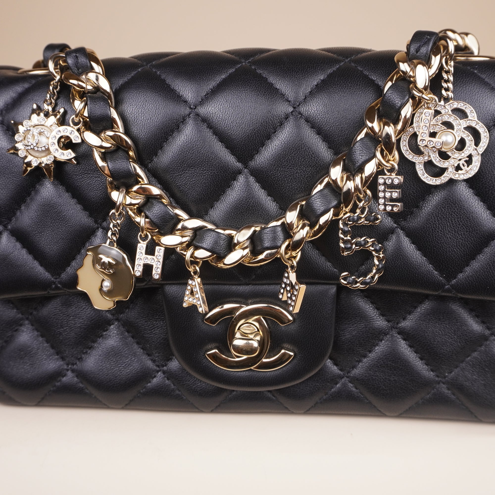 PRE-OWNED CC Lambskin Quilted Mini Coco Charms Rectangular Flap Black