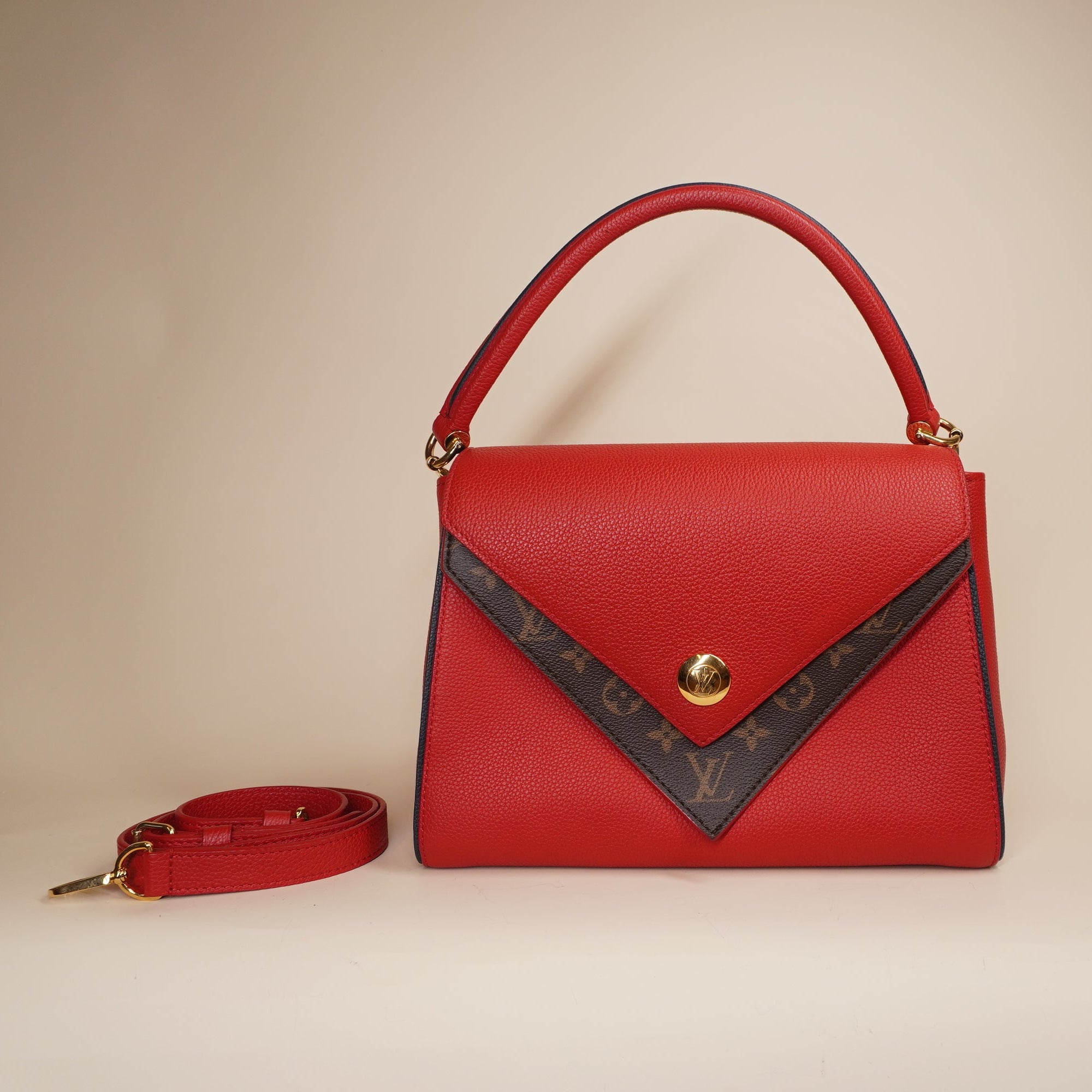 PRE-OWNED LV Double V Handbag Calfskin with Monogram Canvas Satchel