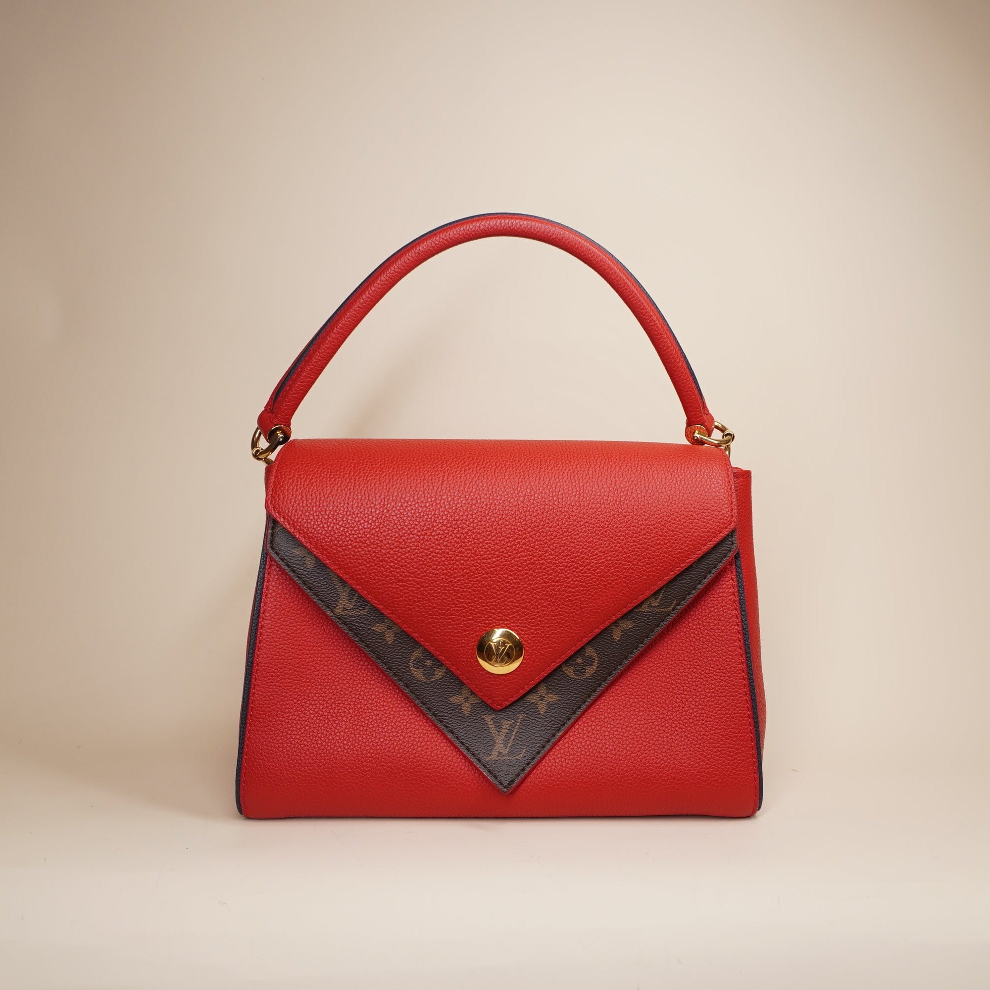 PRE-OWNED LV Double V Handbag Calfskin with Monogram Canvas Satchel