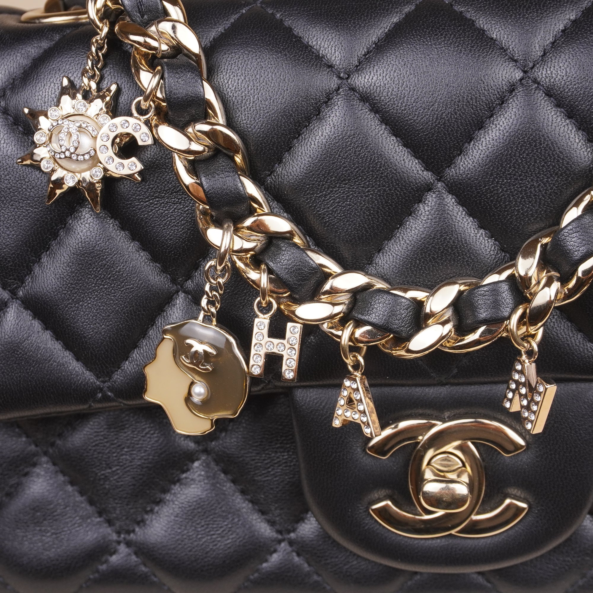 PRE-OWNED CC Lambskin Quilted Mini Coco Charms Rectangular Flap Black