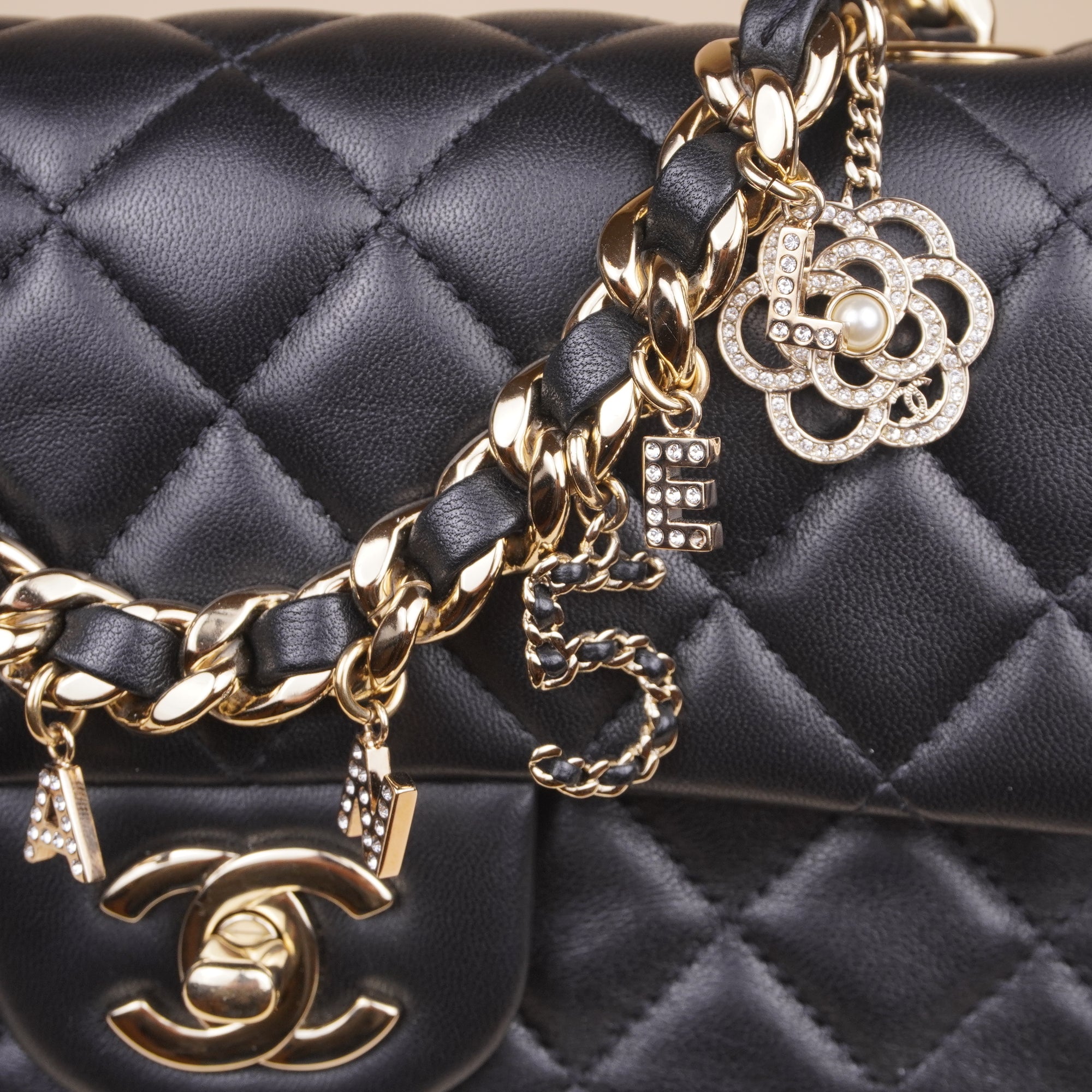 PRE-OWNED CC Lambskin Quilted Mini Coco Charms Rectangular Flap Black