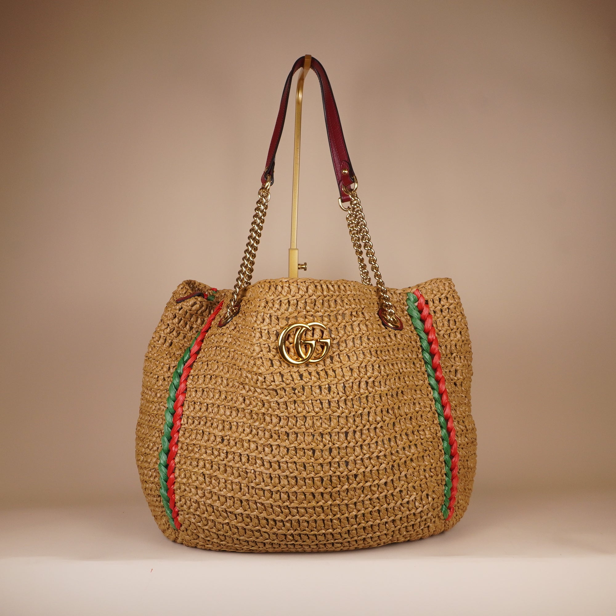 PRE-OWNED GG Marmont Chain Raffia Large Tote Bag