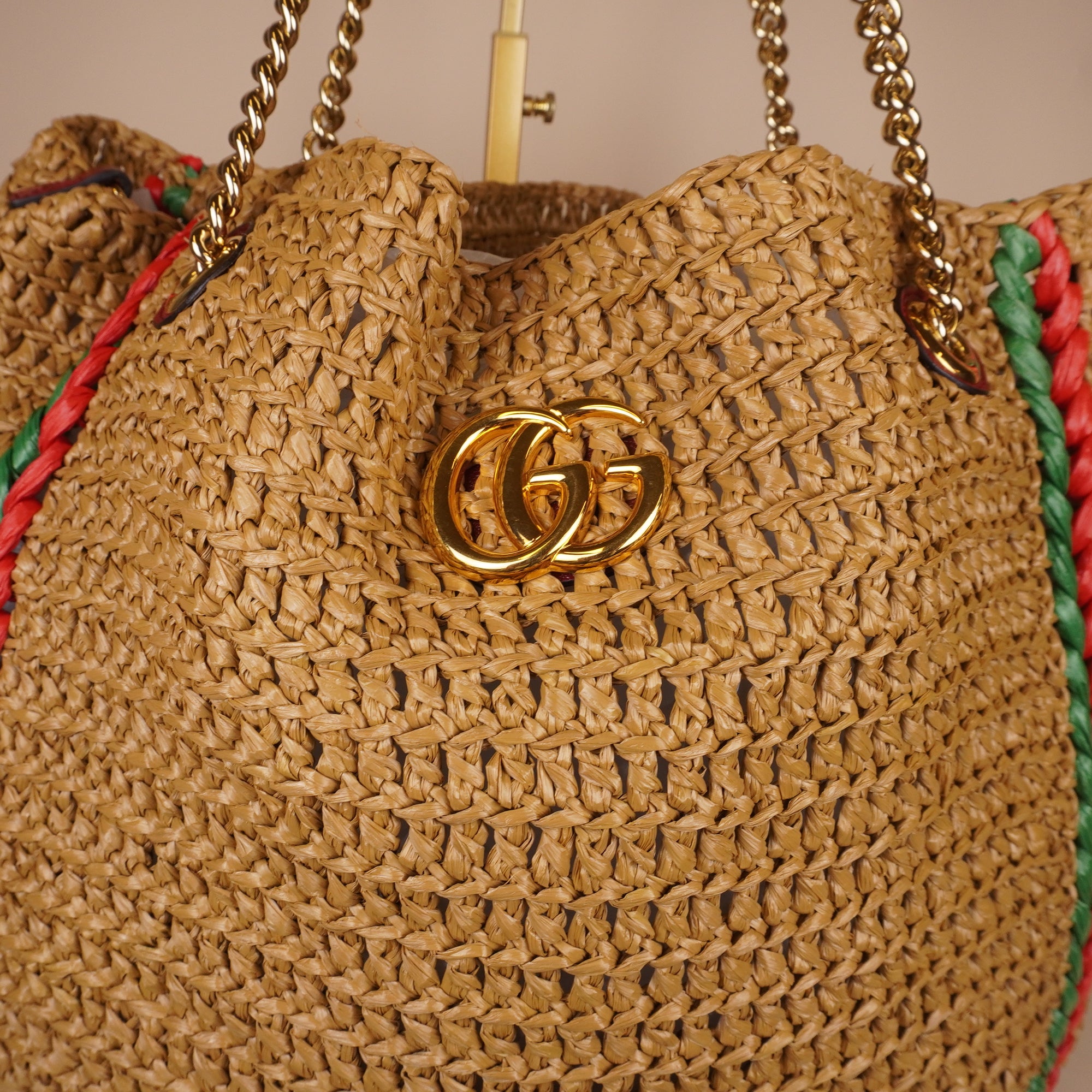 PRE-OWNED GG Marmont Chain Raffia Large Tote Bag