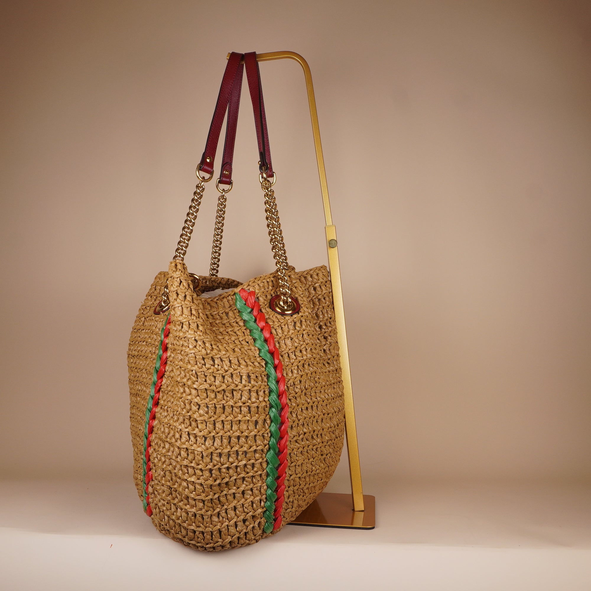 PRE-OWNED GG Marmont Chain Raffia Large Tote Bag