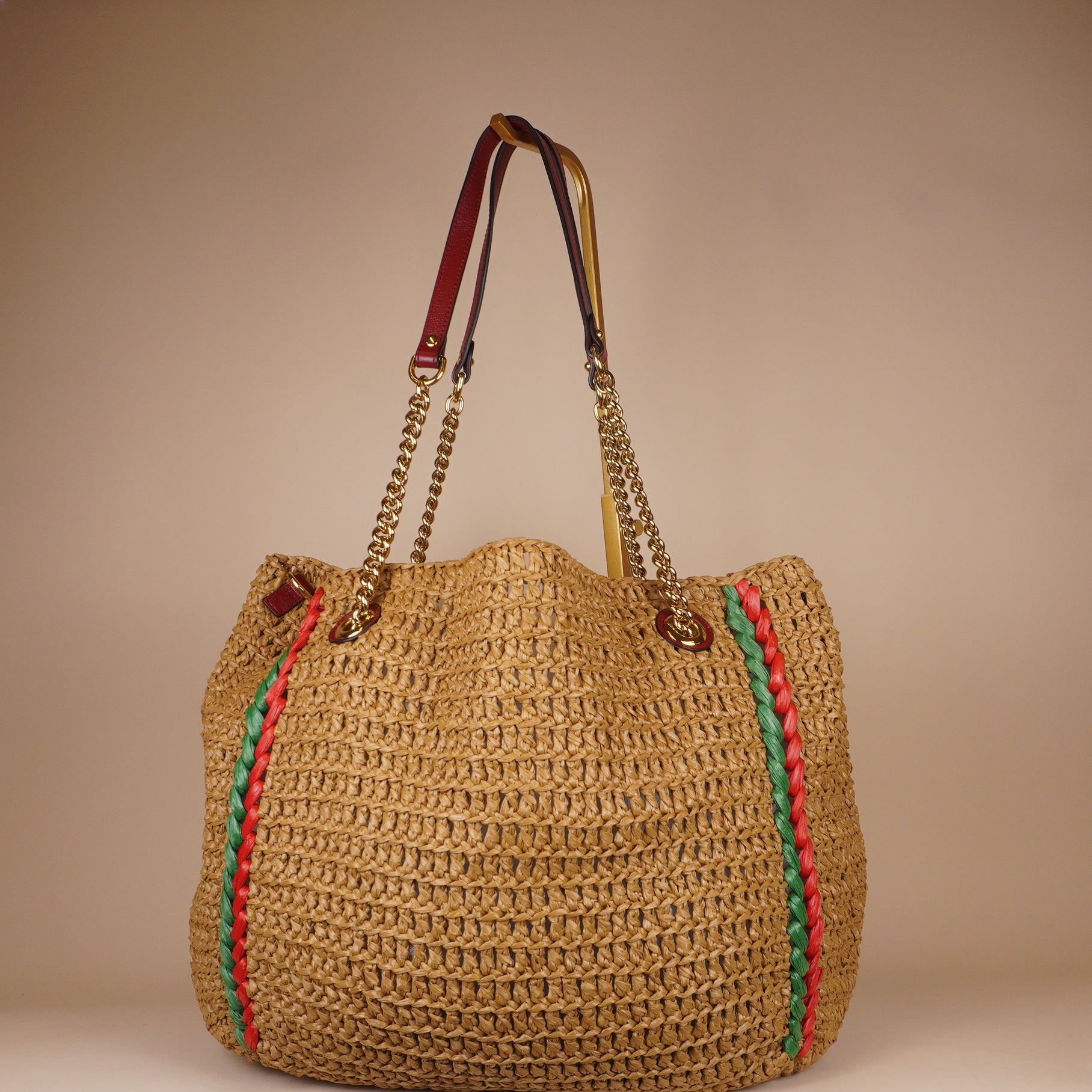 PRE-OWNED GG Marmont Chain Raffia Large Tote Bag