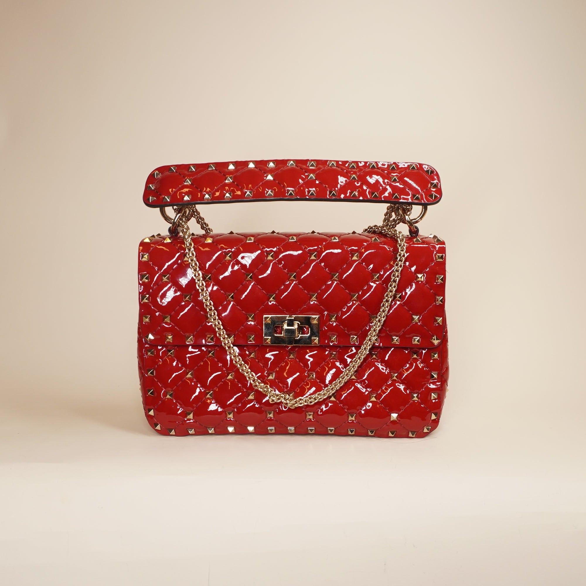 PRE-OWNED Rockstud Spike Flap Bag Quilted Patent Medium Shoulder Bag