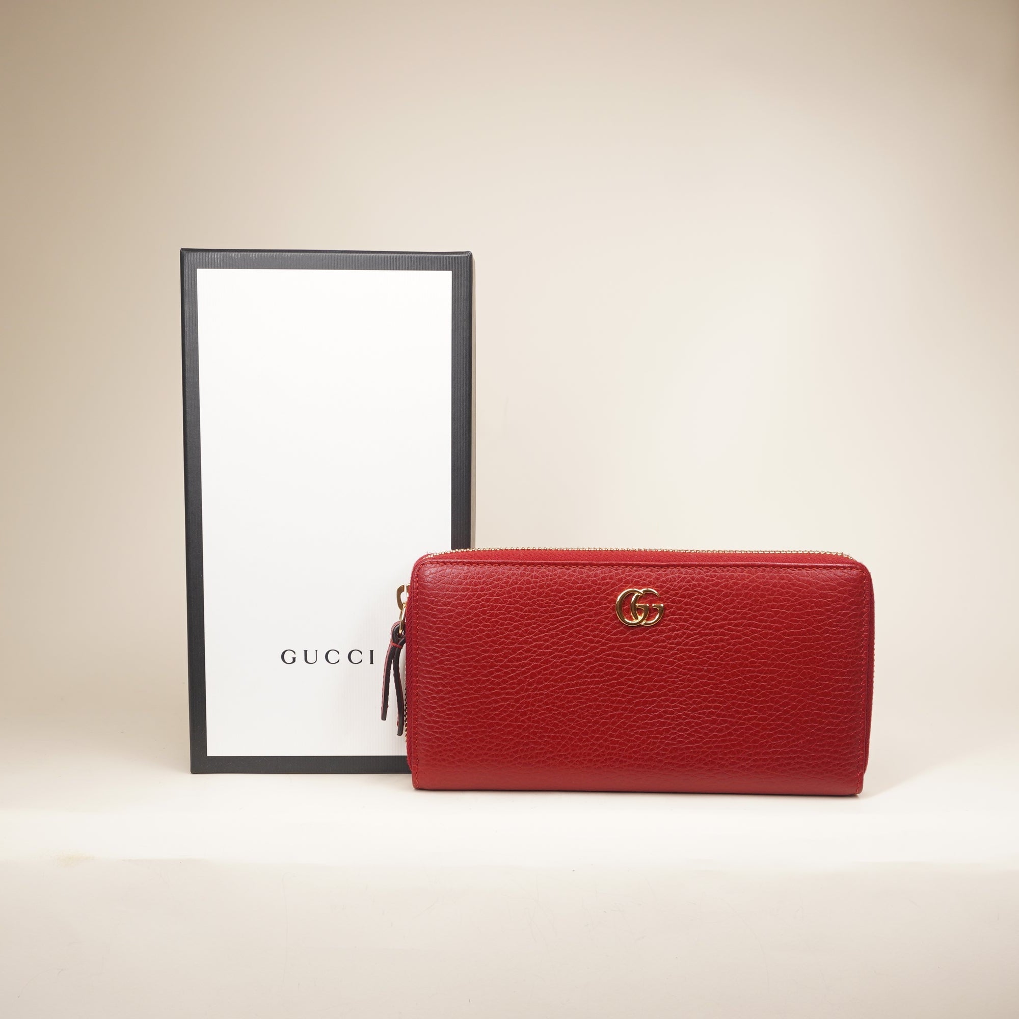 PRE-OWNED Calfskin GG Marmont Continental Zip Wallet Hibiscus Red