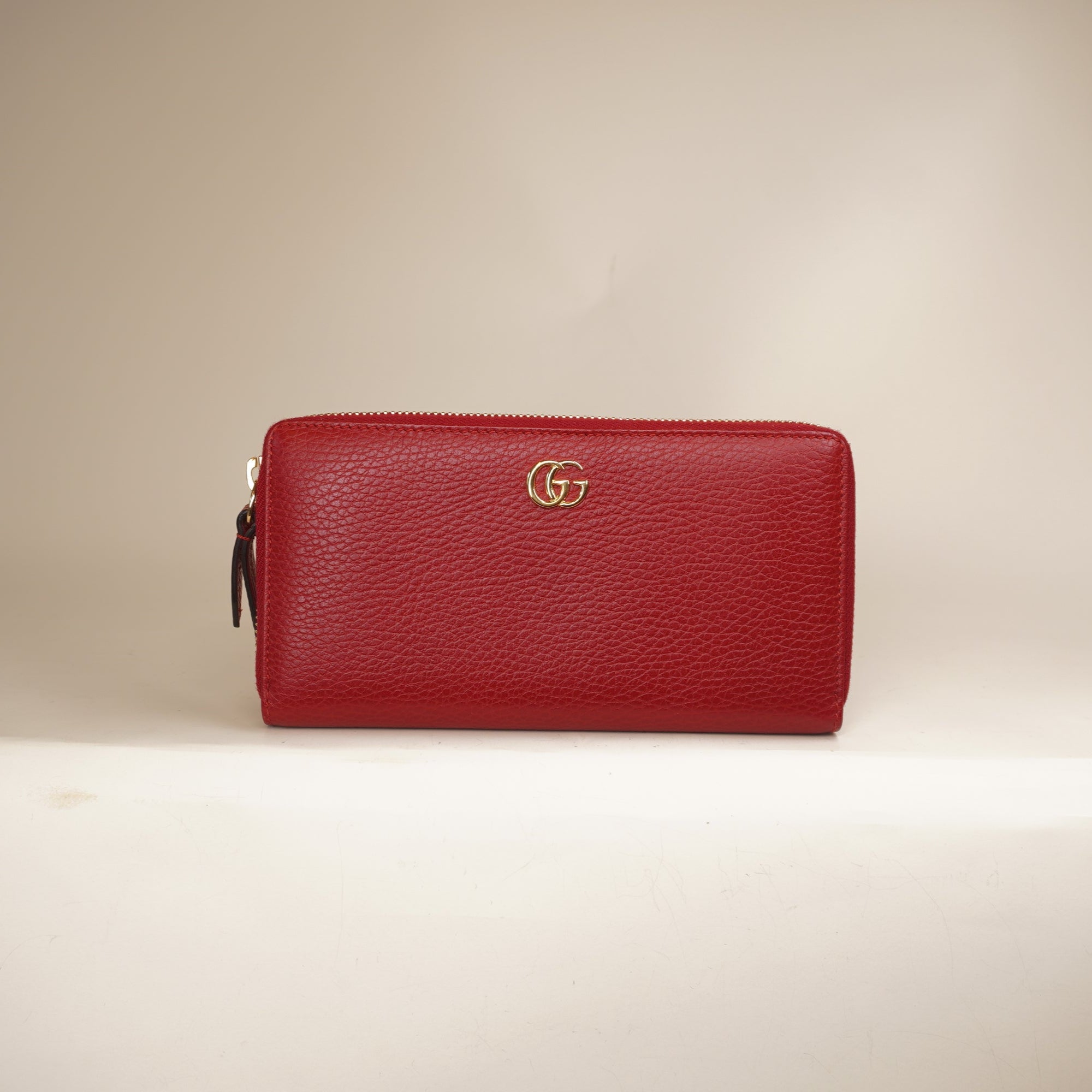 PRE-OWNED Calfskin GG Marmont Continental Zip Wallet Hibiscus Red