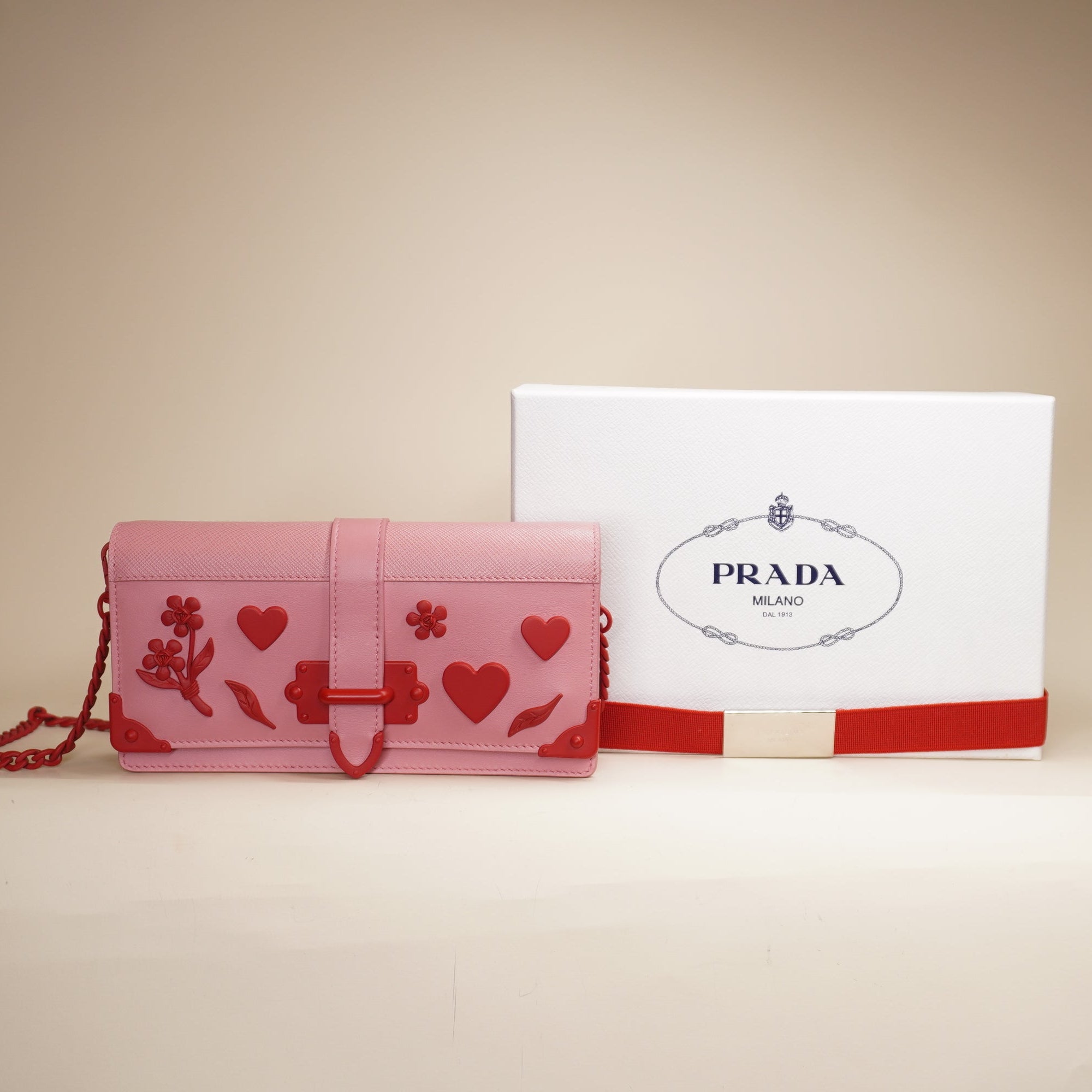 PRE-OWNED Prada City+ Saffiano L Cahier WOC Shoulder Bag Pink Red
