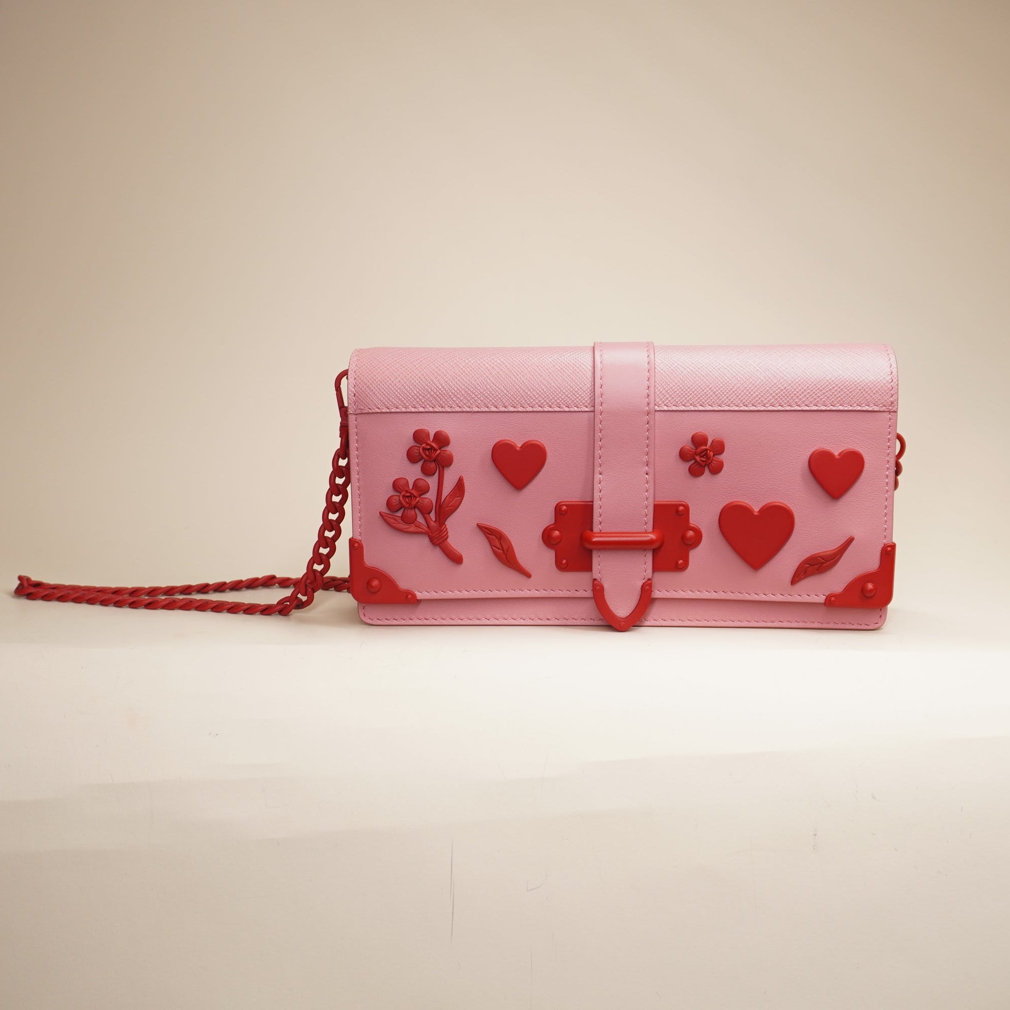 PRE-OWNED Prada City+ Saffiano L Cahier WOC Shoulder Bag Pink Red