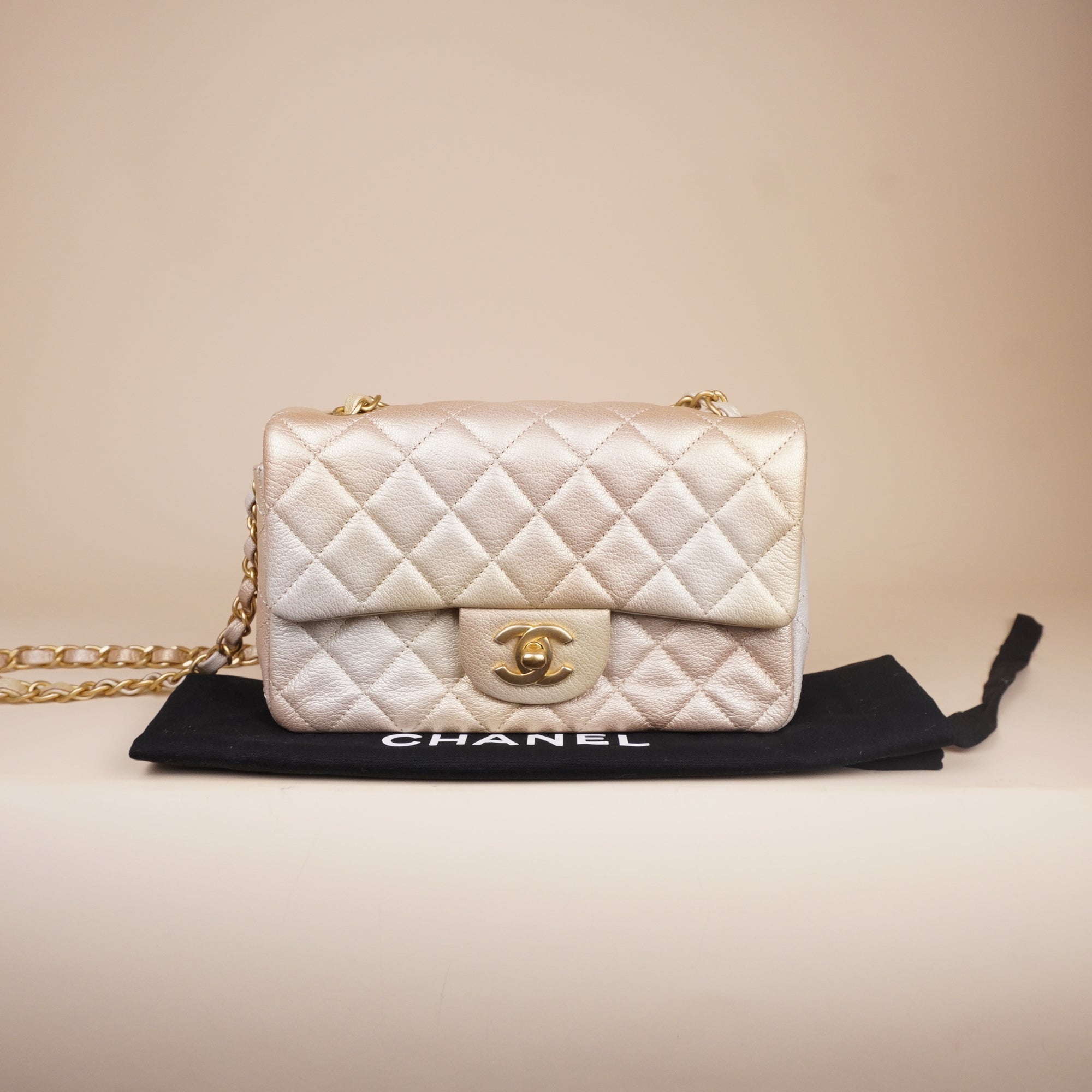 PRE-OWNED CC Metallic Goatskin Quilted Mini Rectangular Flap Gold