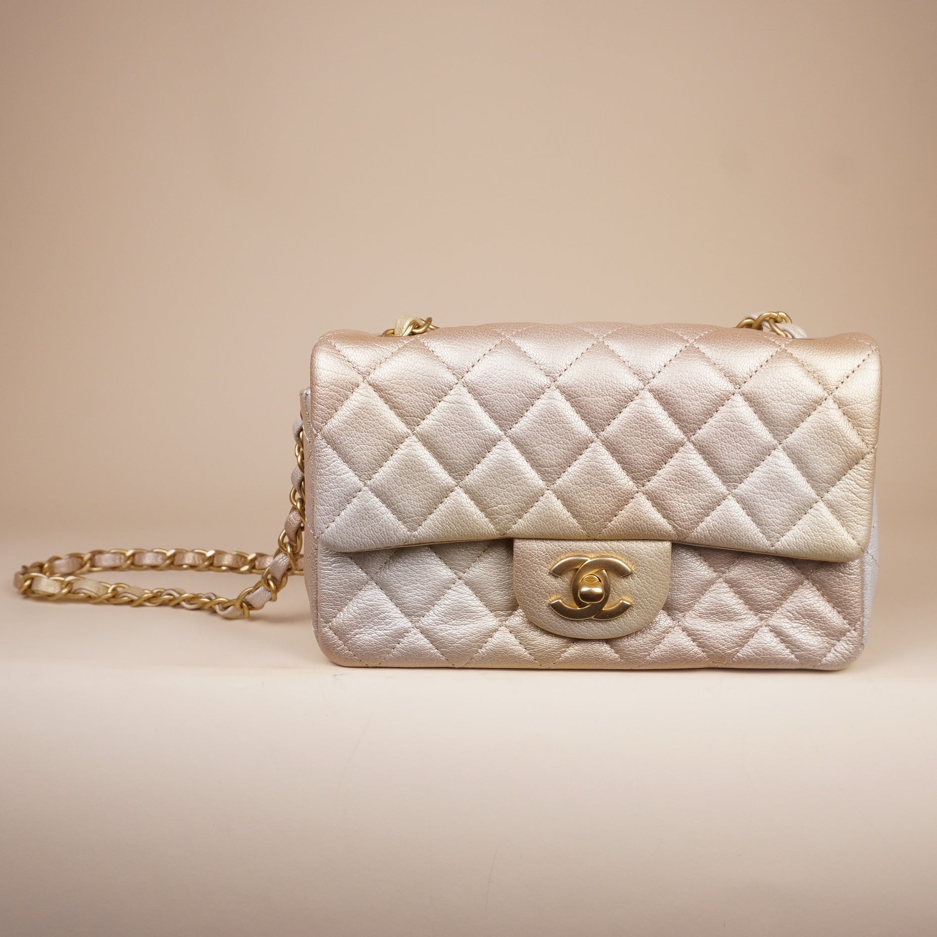 PRE-OWNED CC Metallic Goatskin Quilted Mini Rectangular Flap Gold