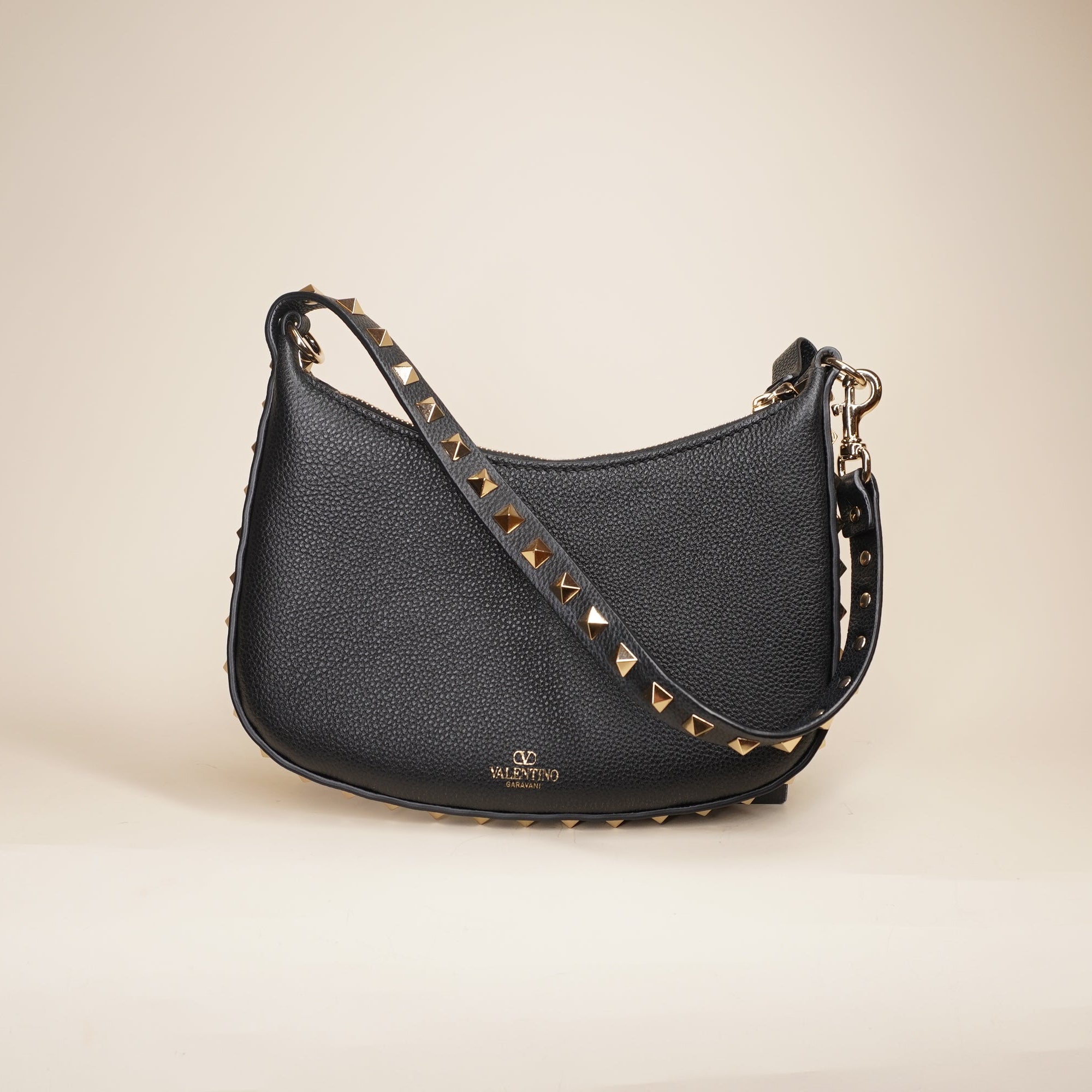 PRE-OWNED Grainy Calfskin Mini Rockstud Hobo Black Shoulder Bag