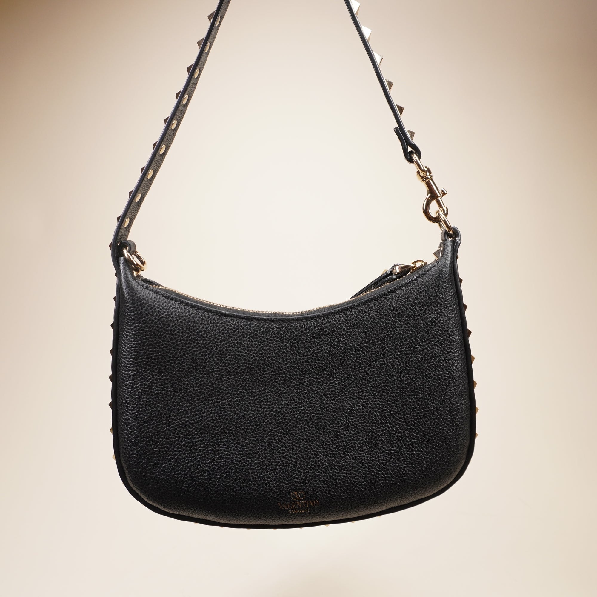 PRE-OWNED Grainy Calfskin Mini Rockstud Hobo Black Shoulder Bag