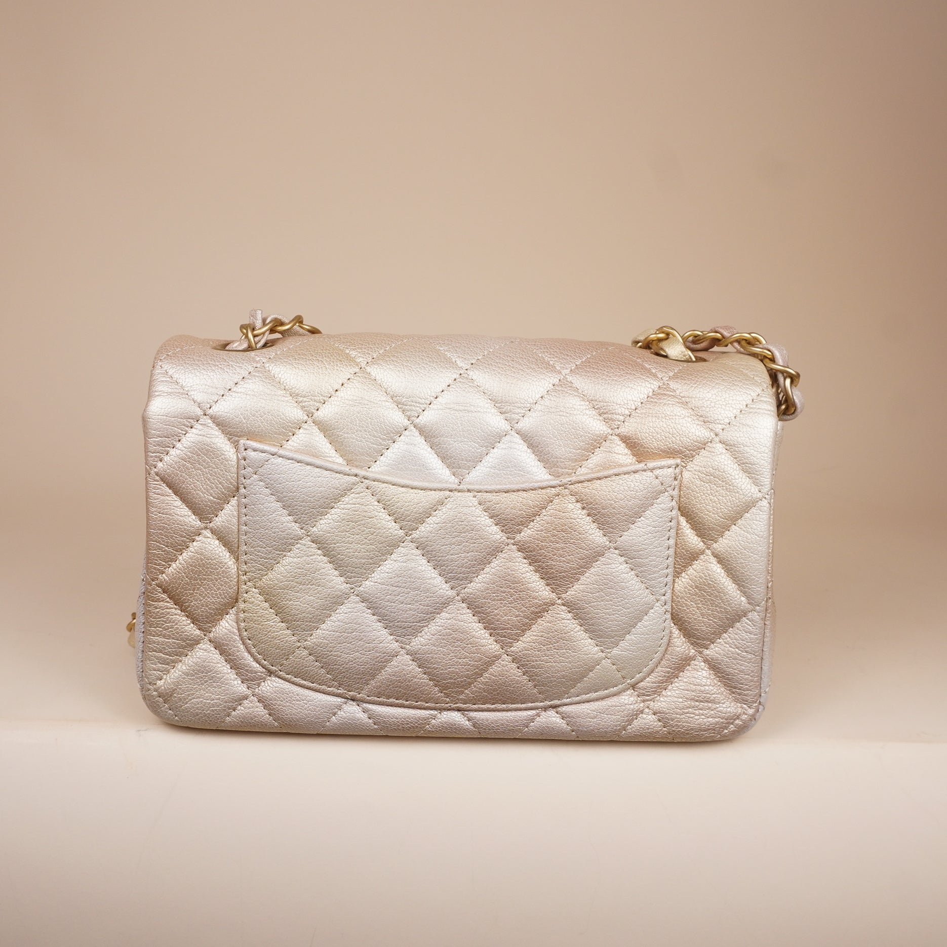 PRE-OWNED CC Metallic Goatskin Quilted Mini Rectangular Flap Gold