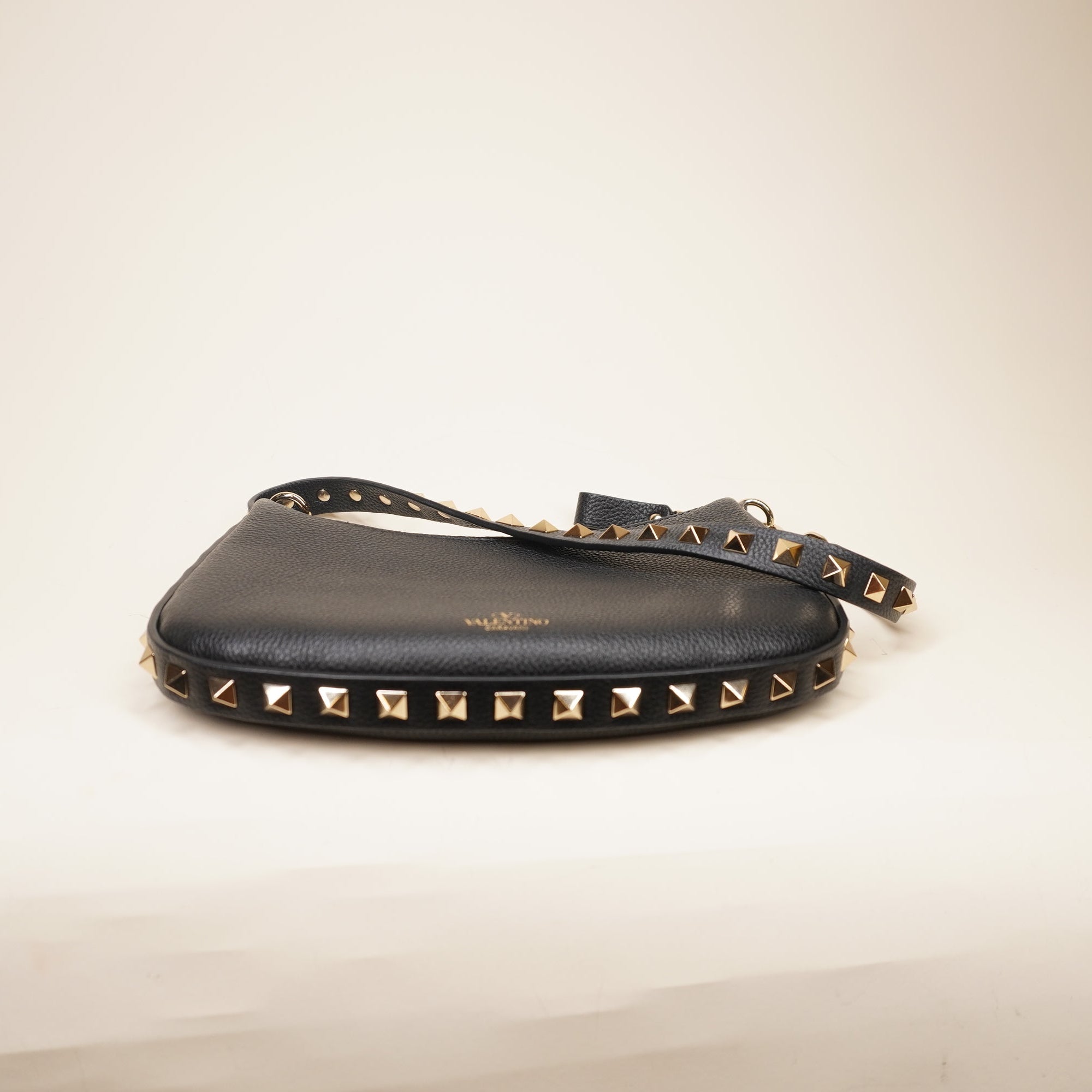 PRE-OWNED Grainy Calfskin Mini Rockstud Hobo Black Shoulder Bag