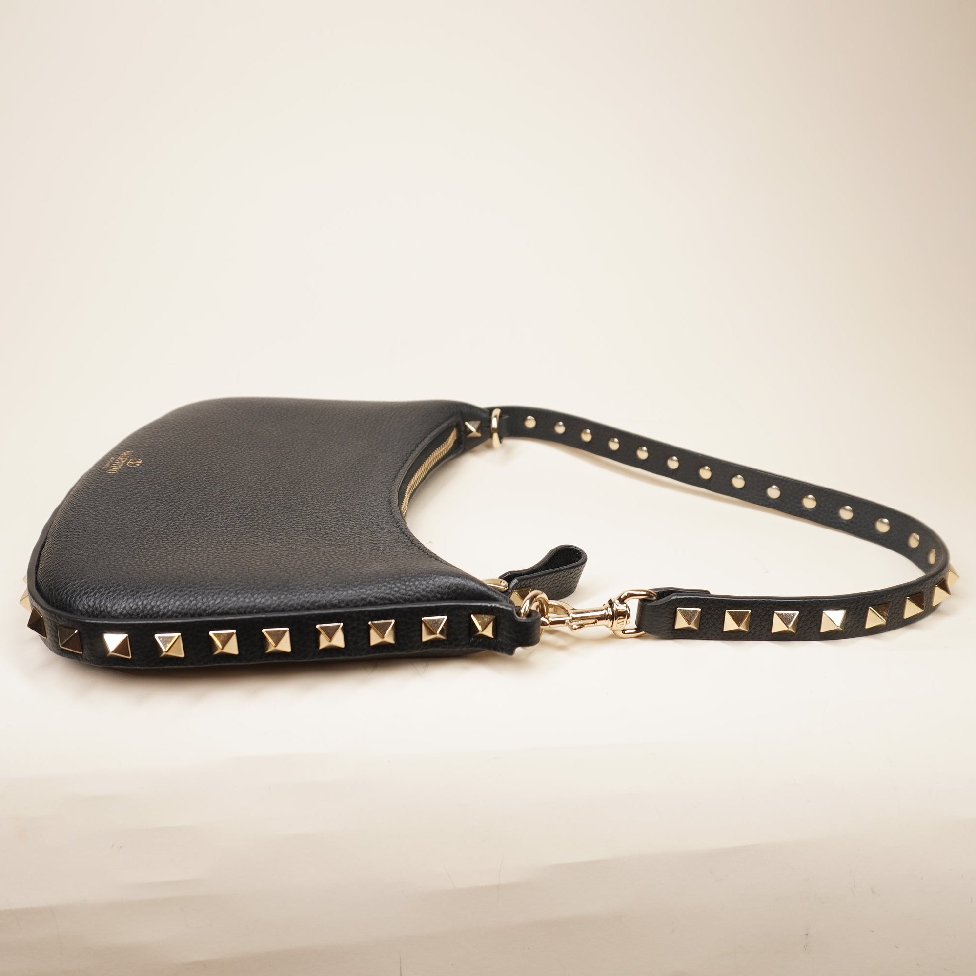 PRE-OWNED Grainy Calfskin Mini Rockstud Hobo Black Shoulder Bag