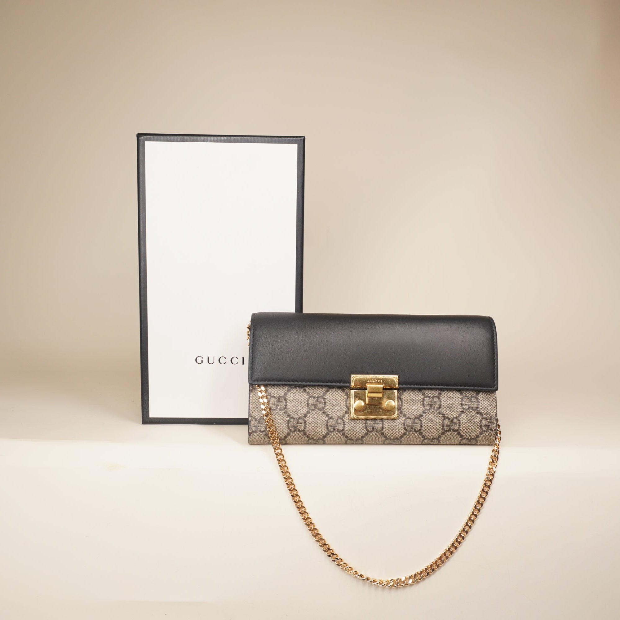 PRE-OWNED GG Supreme Monogram Moon Calfskin Padlock Continental Chain Wallet
