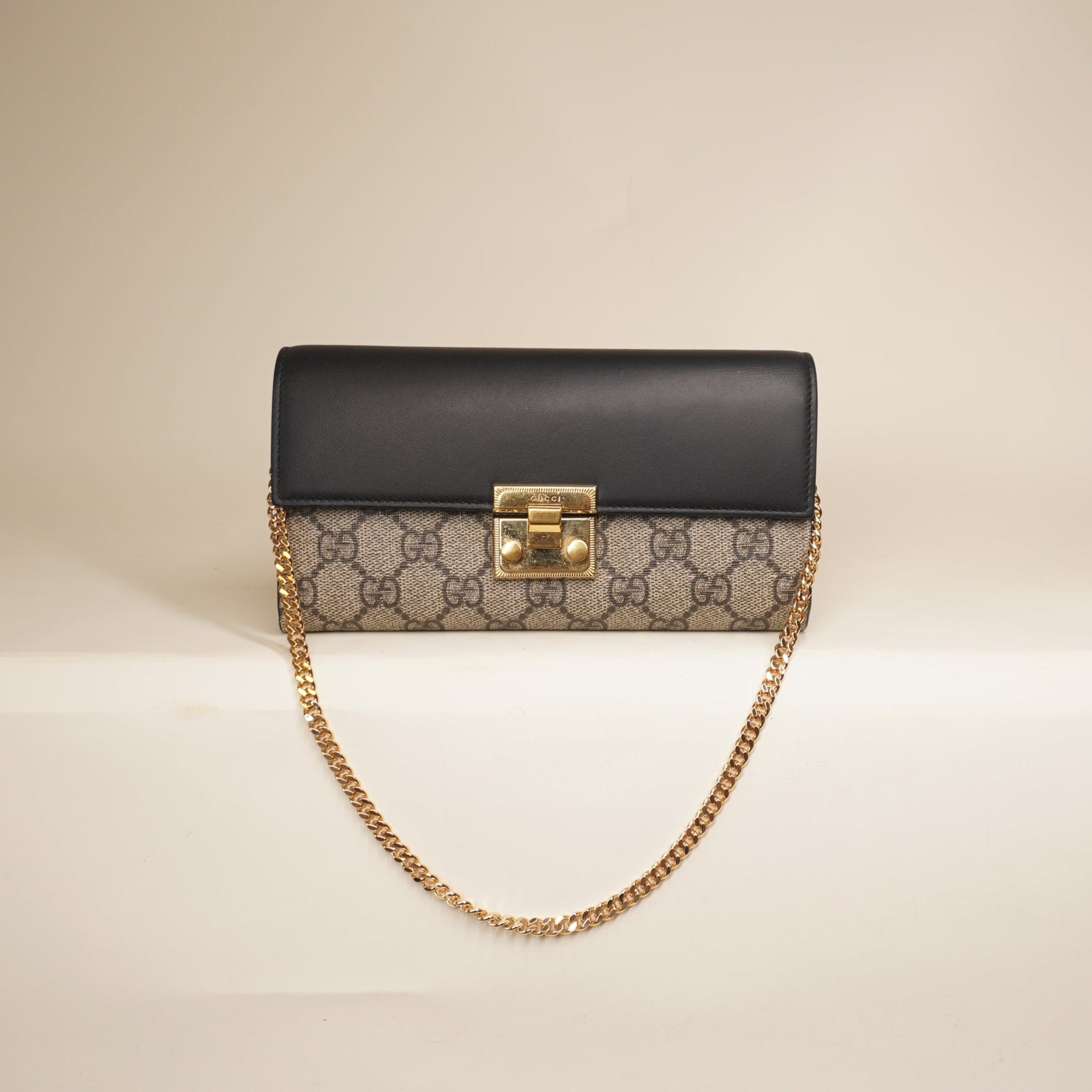 PRE-OWNED GG Supreme Monogram Moon Calfskin Padlock Continental Chain Wallet