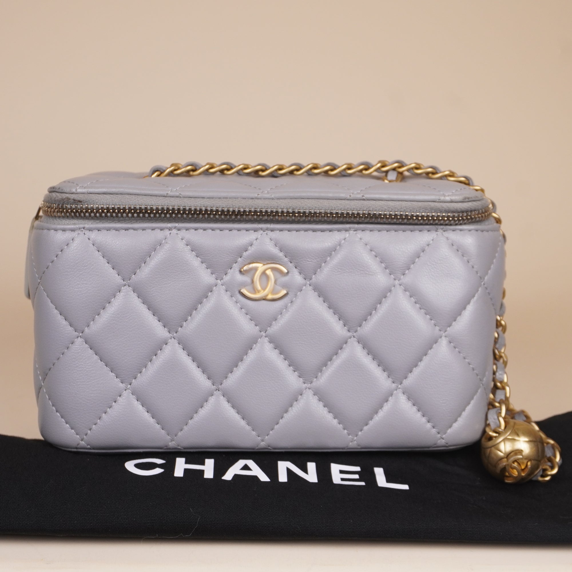 PRE-OWNED CC Lambskin Quilted Small Pearl Crush Vanity Case Crossbody Bag