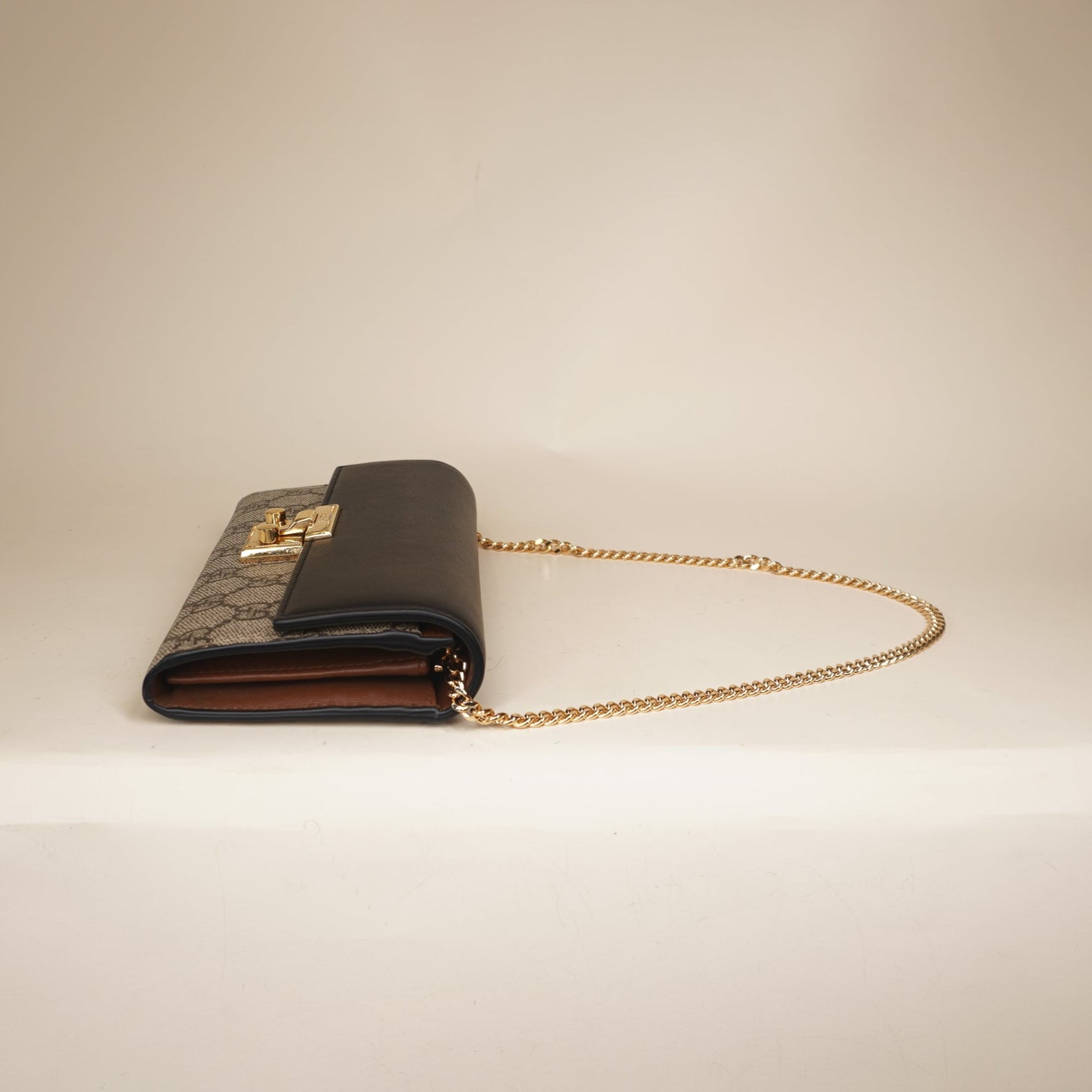 PRE-OWNED GG Supreme Monogram Moon Calfskin Padlock Continental Chain Wallet