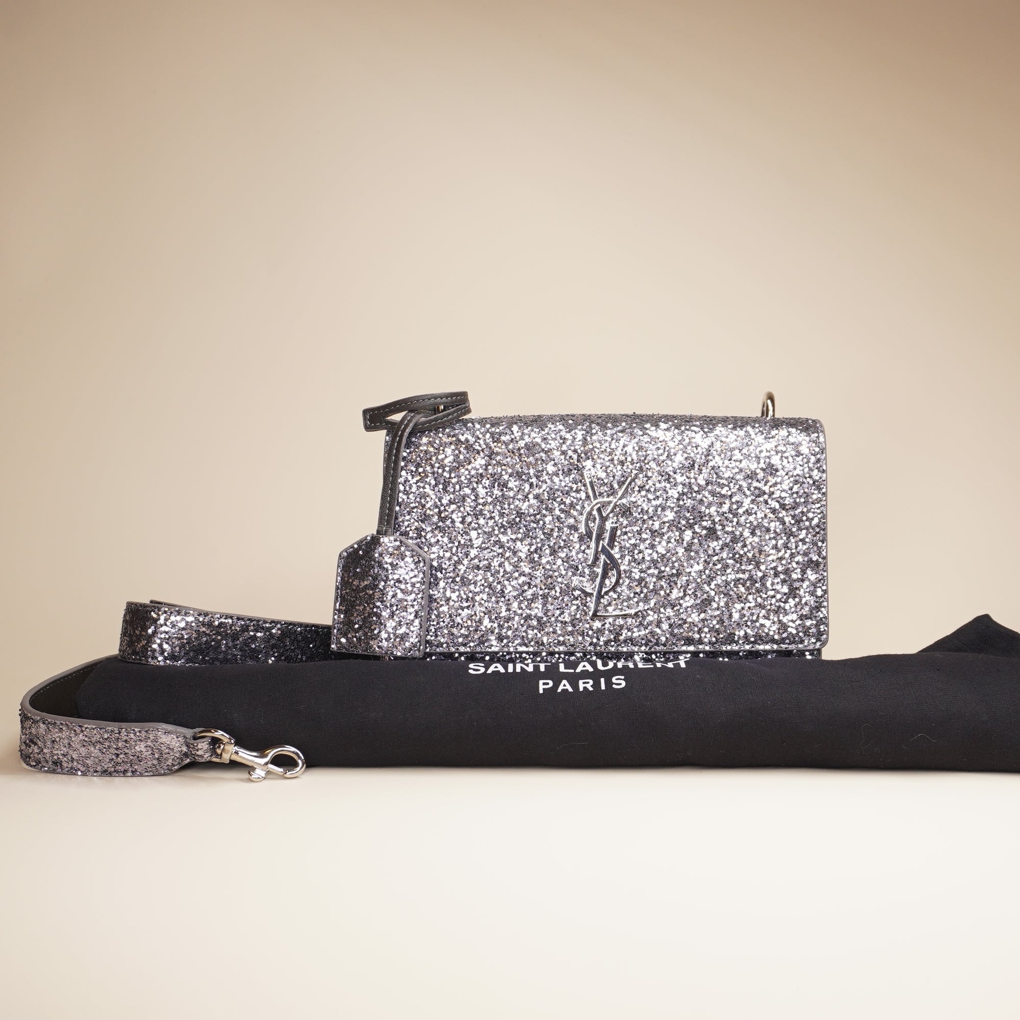 PRE-OWNED YSL Glitter Silver Small Sunset Shoulder Bag