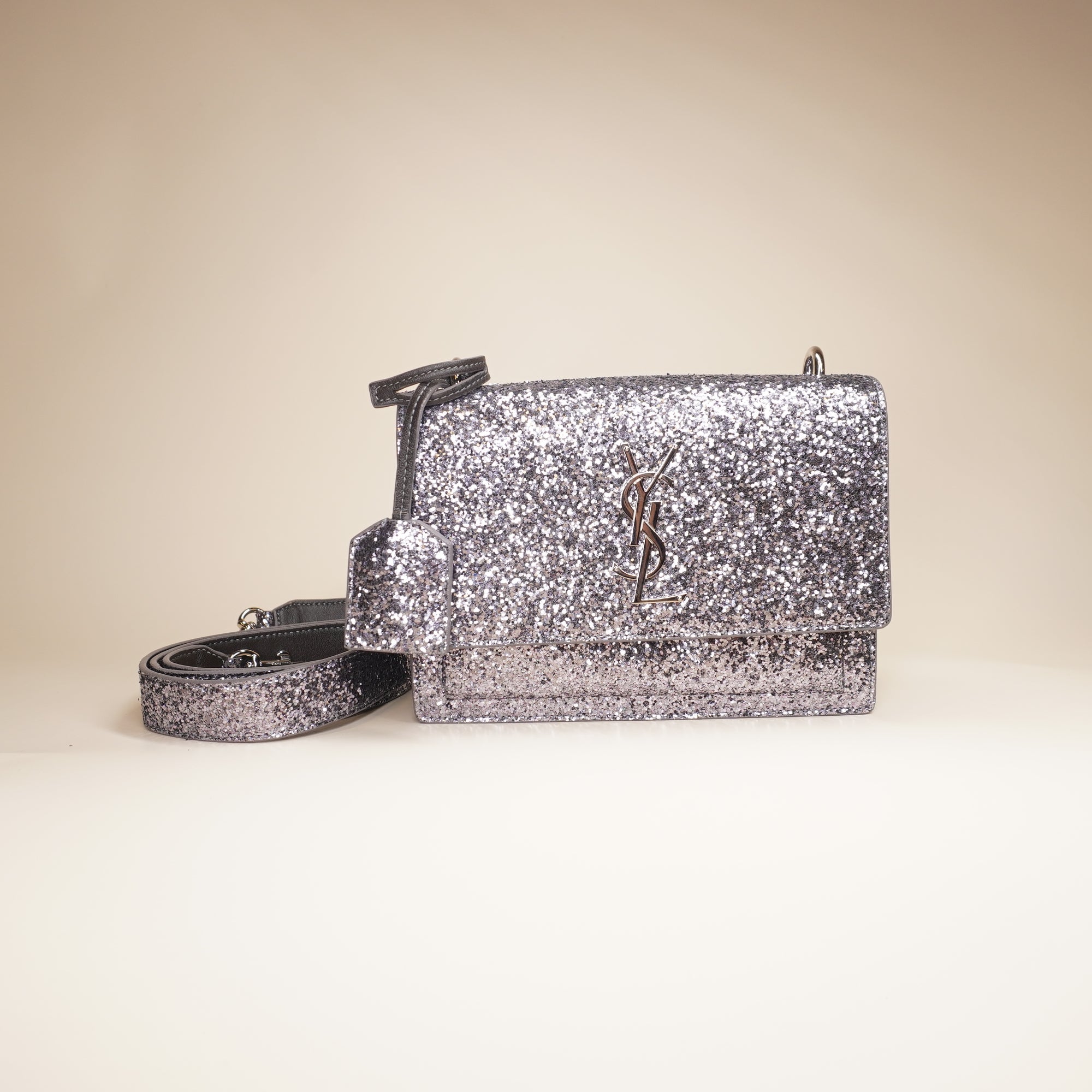 PRE-OWNED YSL Glitter Silver Small Sunset Shoulder Bag