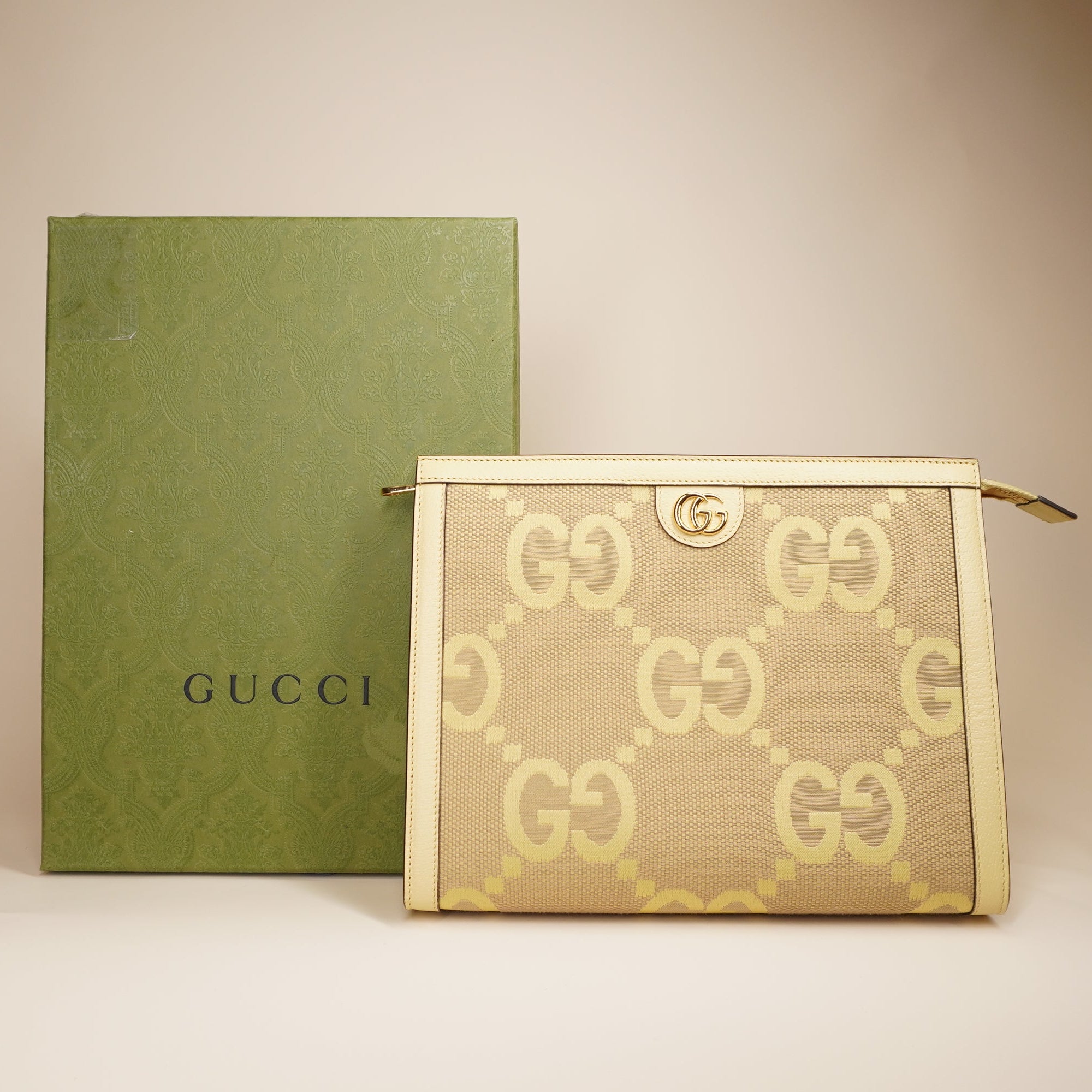 PRE-OWNED Ophidia Jumbo GG Pouch Yellow Canvas