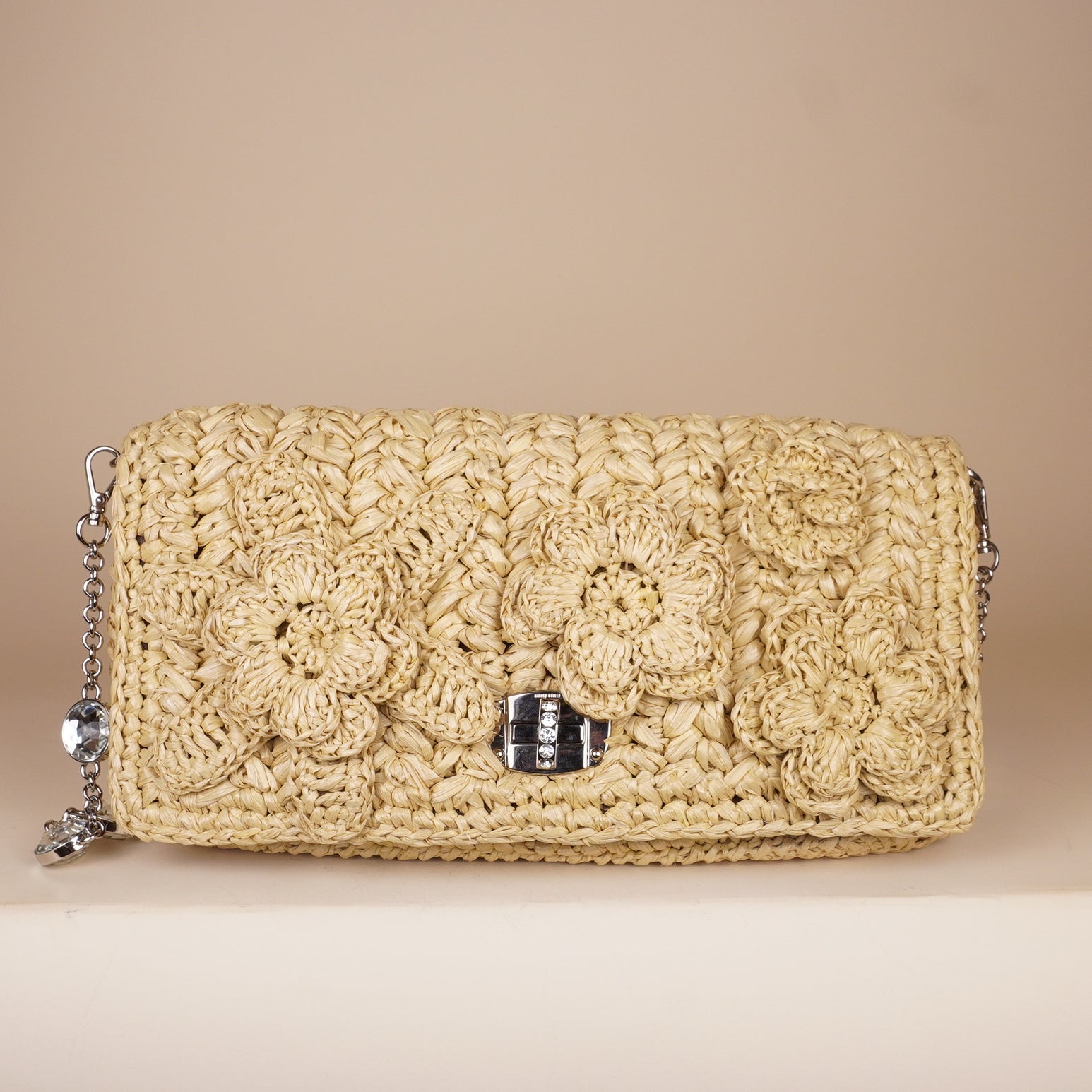PRE-OWNED Raffia with Crystals Shoulder Bag
