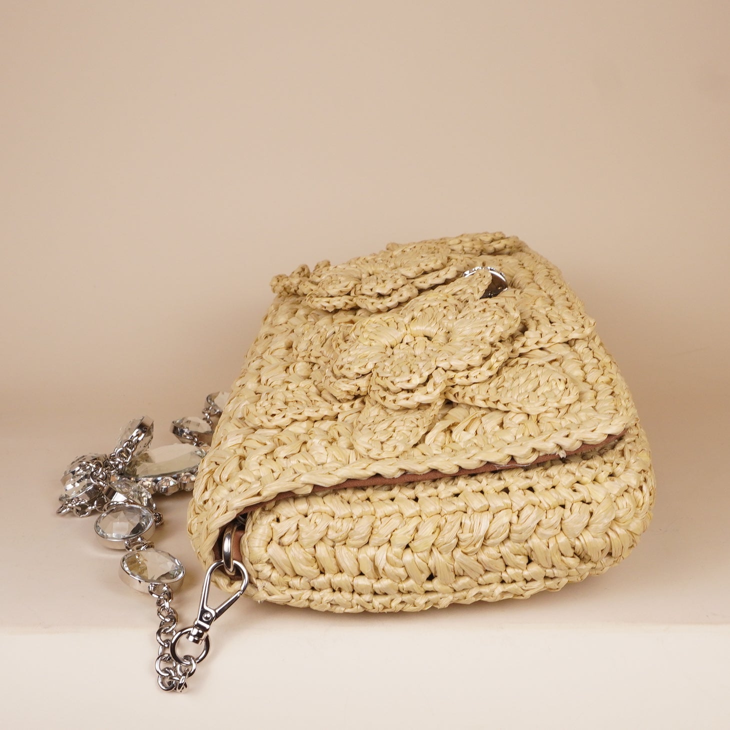 PRE-OWNED Raffia with Crystals Shoulder Bag