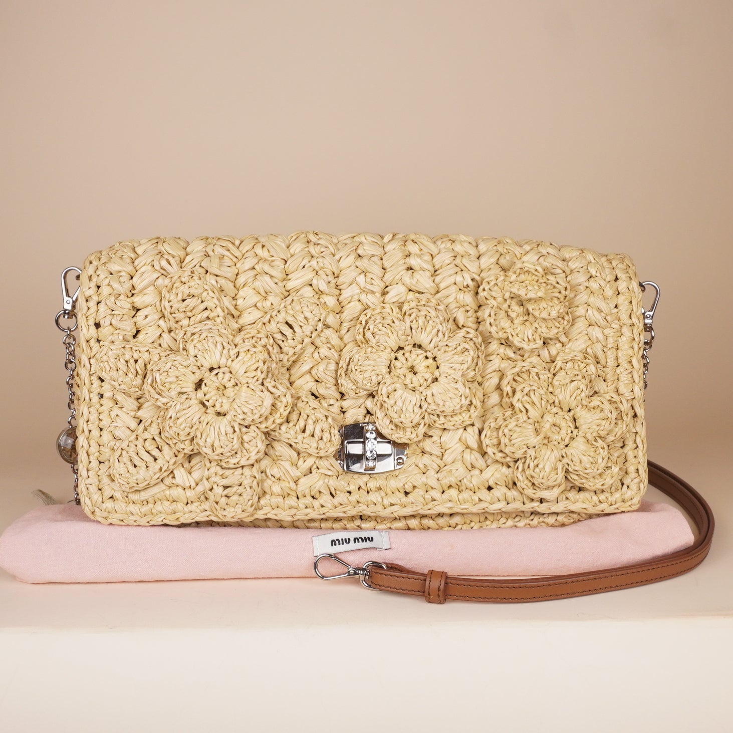 PRE-OWNED Raffia with Crystals Shoulder Bag