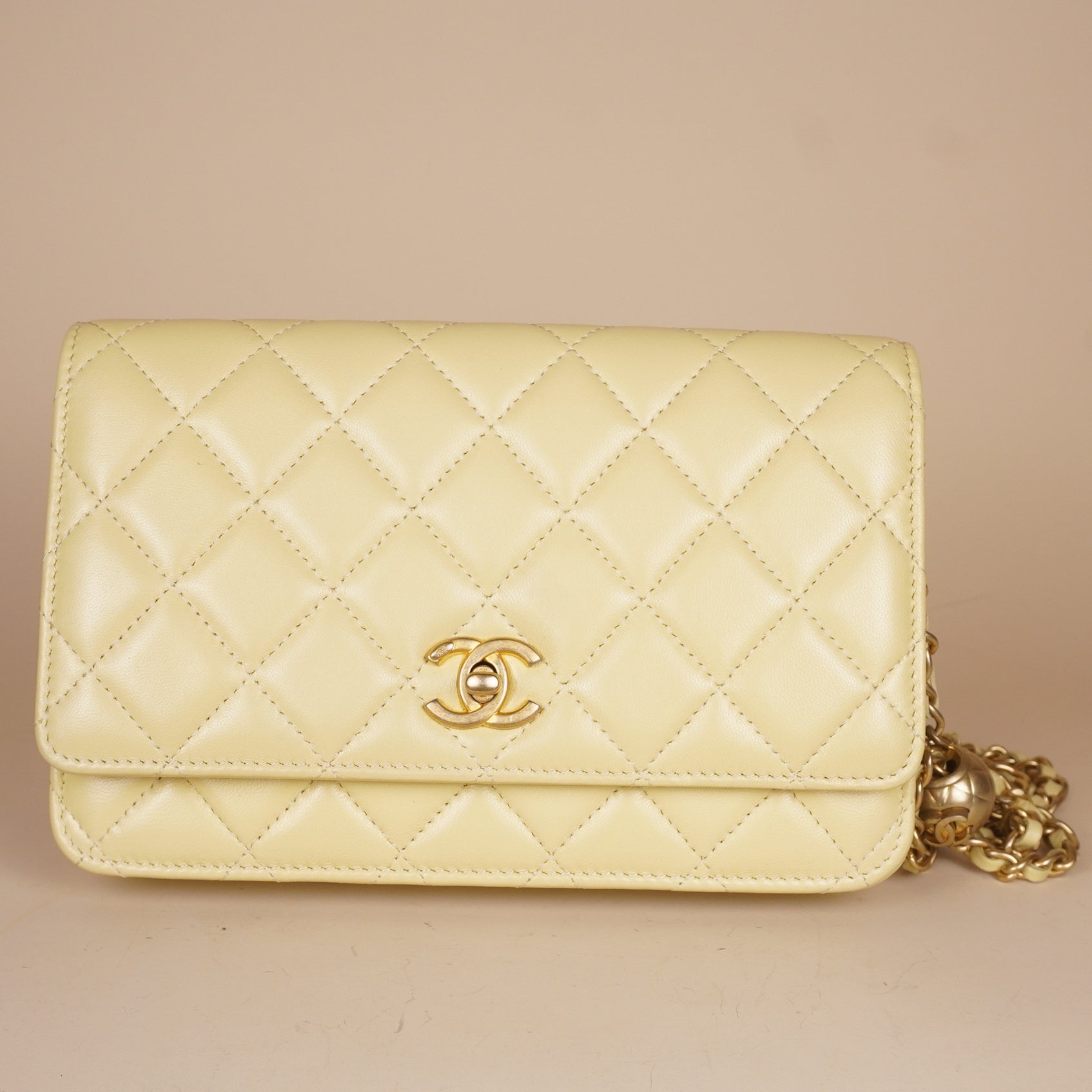 PRE-OWNED Butter Yellow Lambskin Quilted Sweet Camellia Wallet on Chain 