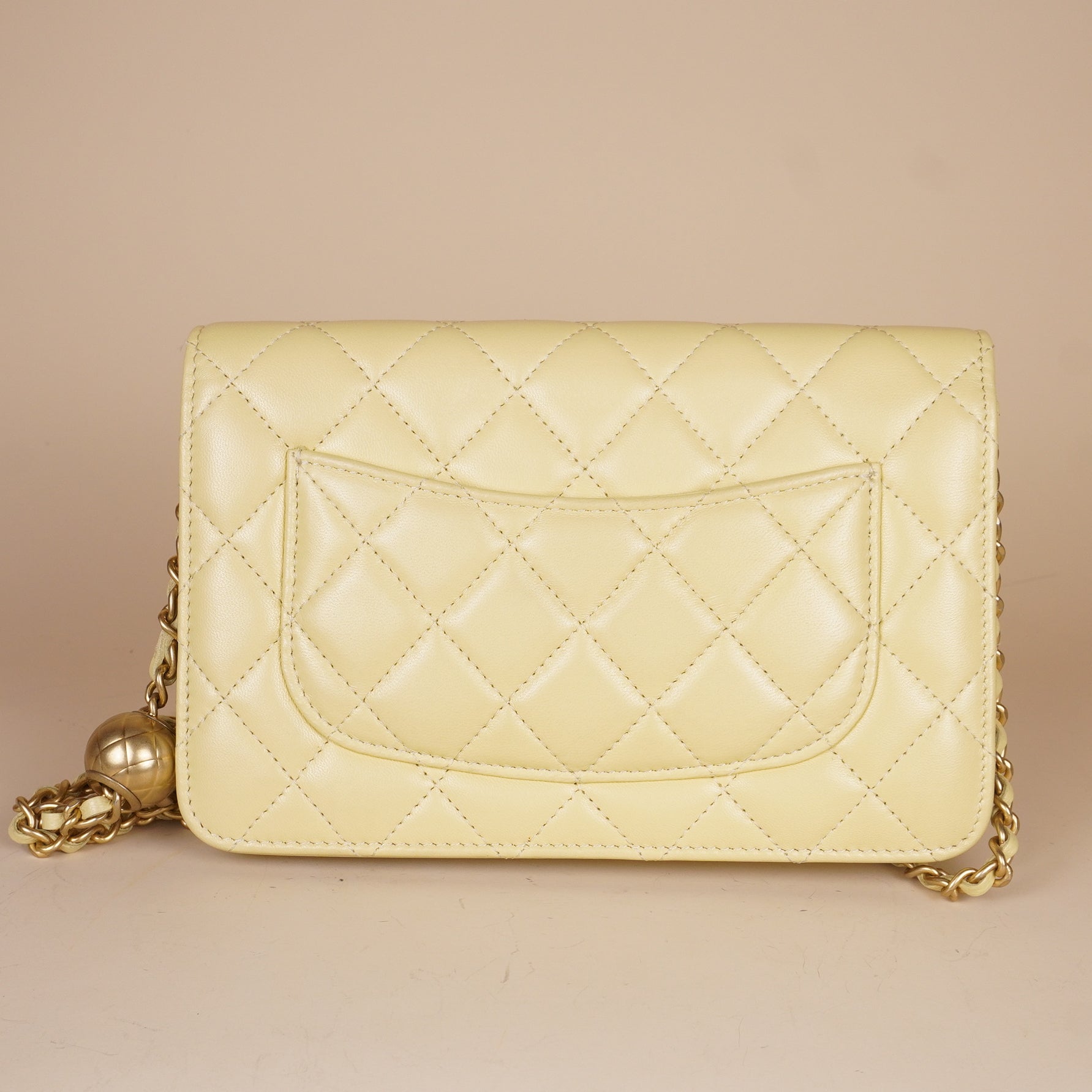 PRE-OWNED Butter Yellow Lambskin Quilted Sweet Camellia Wallet on Chain 