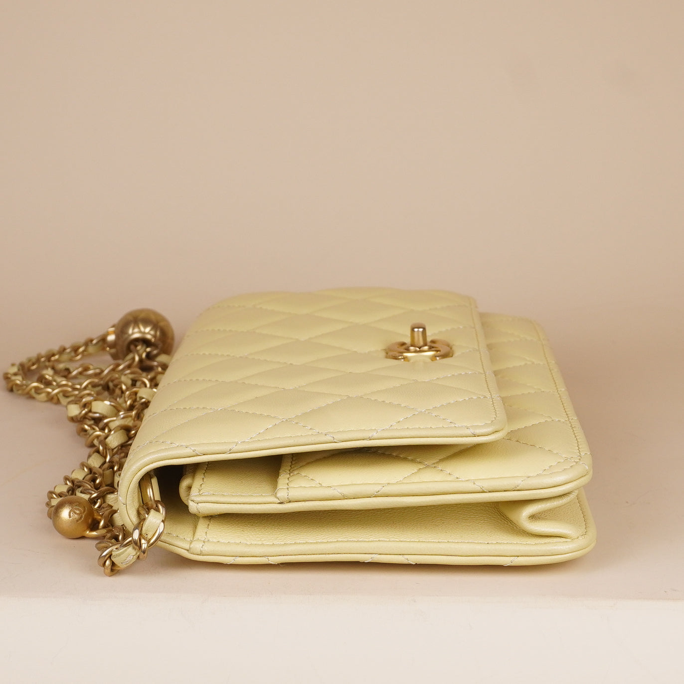 PRE-OWNED Butter Yellow Lambskin Quilted Sweet Camellia Wallet on Chain 