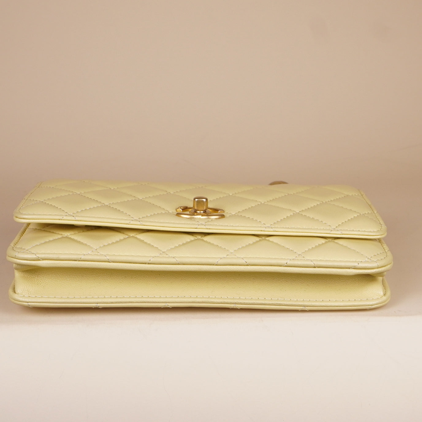 PRE-OWNED Butter Yellow Lambskin Quilted Sweet Camellia Wallet on Chain 