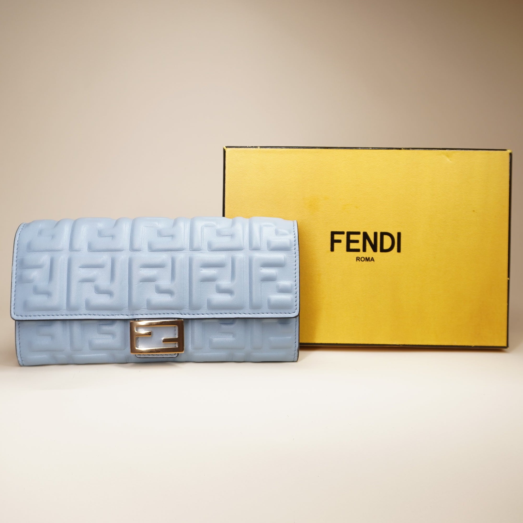 PRE-OWNED Embossed FF Baguette Continental Wallet Light Blue