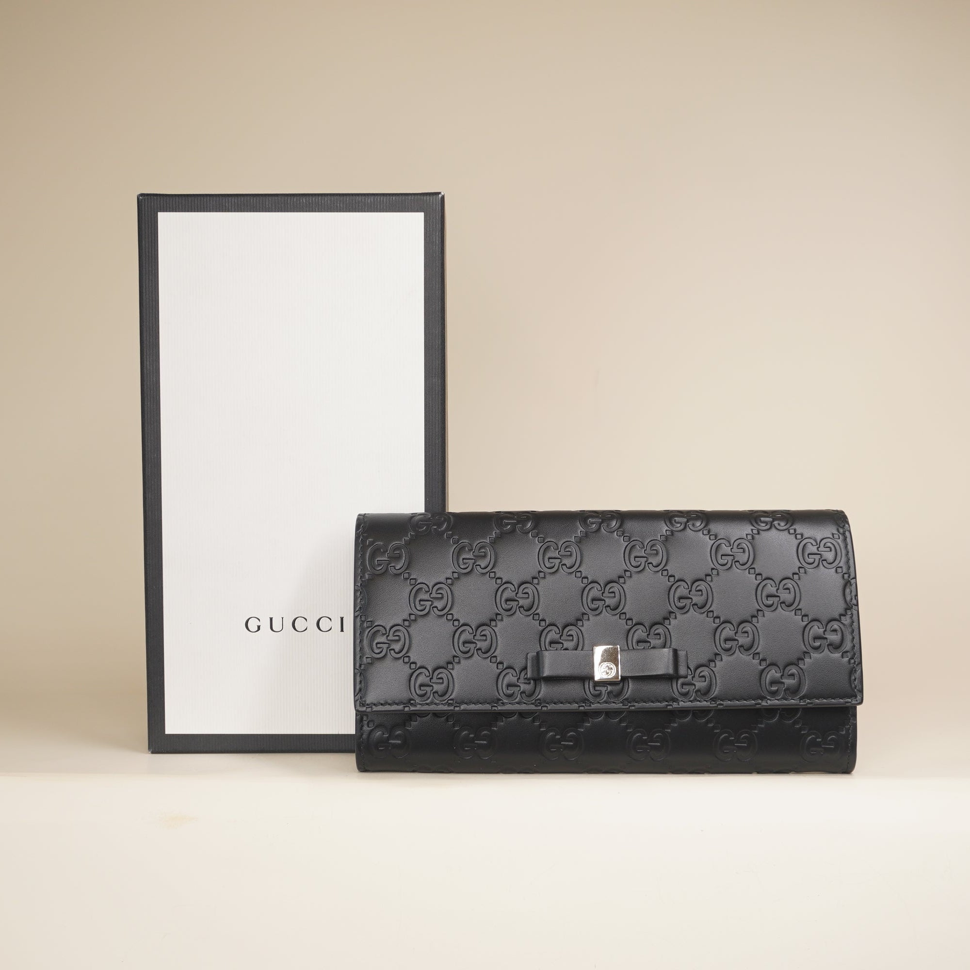 PRE-OWNED GG Black Guccissima Bow Continental Long Wallet