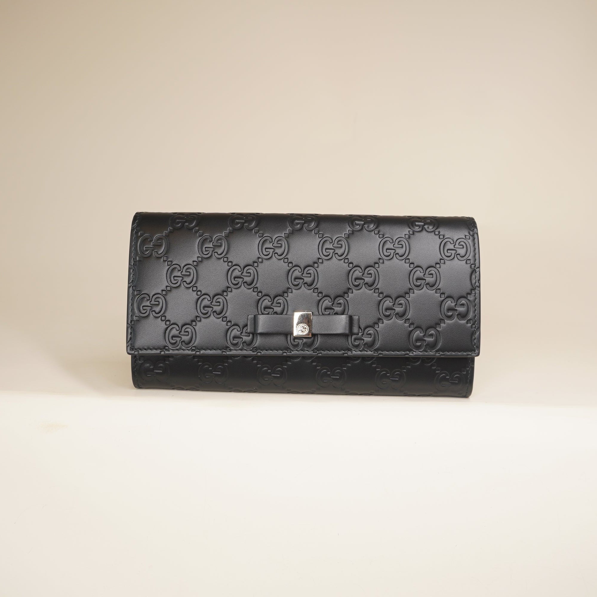 PRE-OWNED GG Black Guccissima Bow Continental Long Wallet