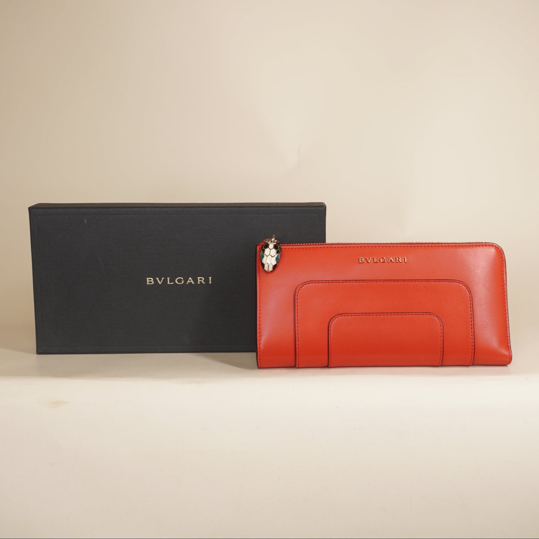 PRE-OWNED Red Serpenti Forever Zip Around Wallet Leather 