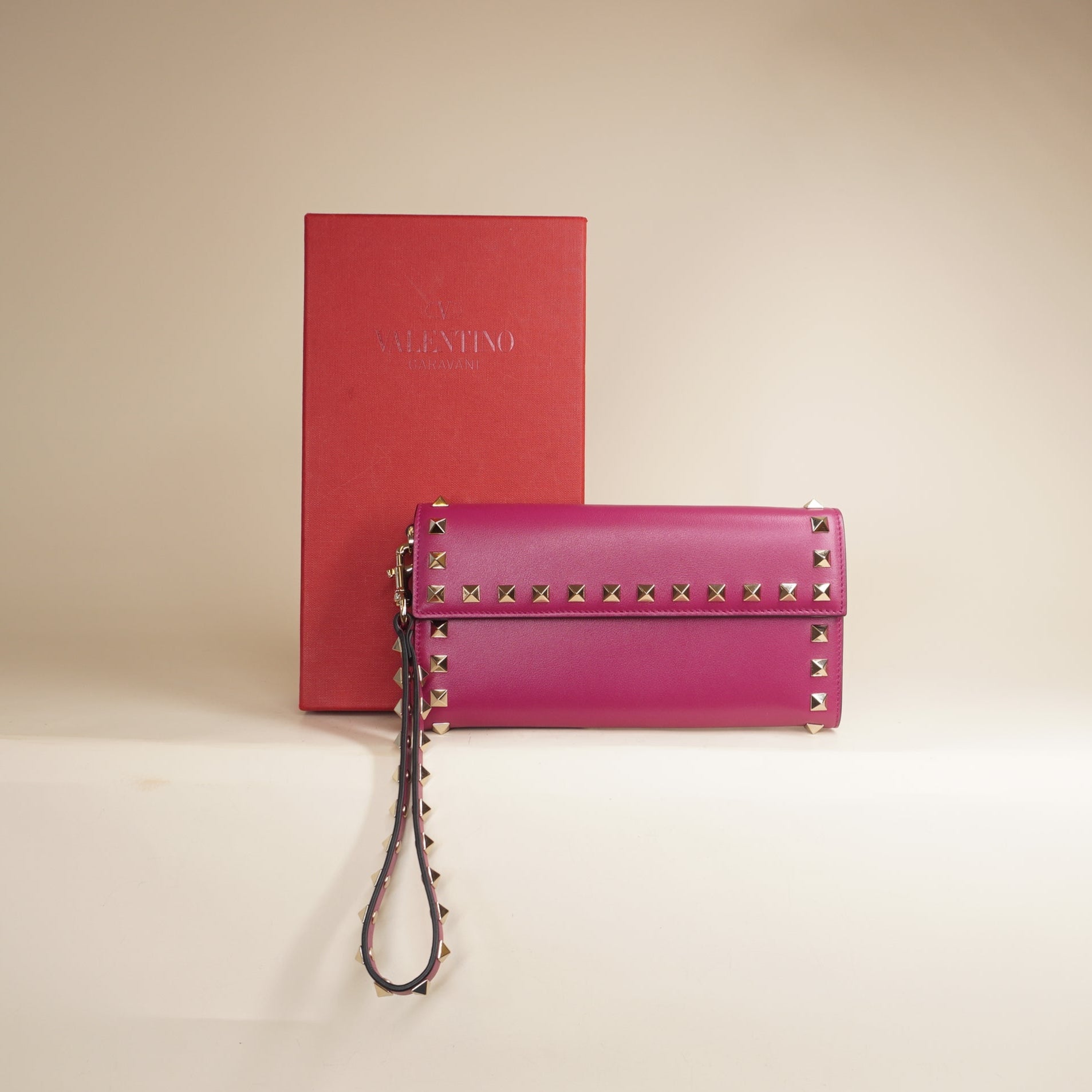 PRE-OWNED Pink Rockstud Flap Wristlet Wallet Leather Small