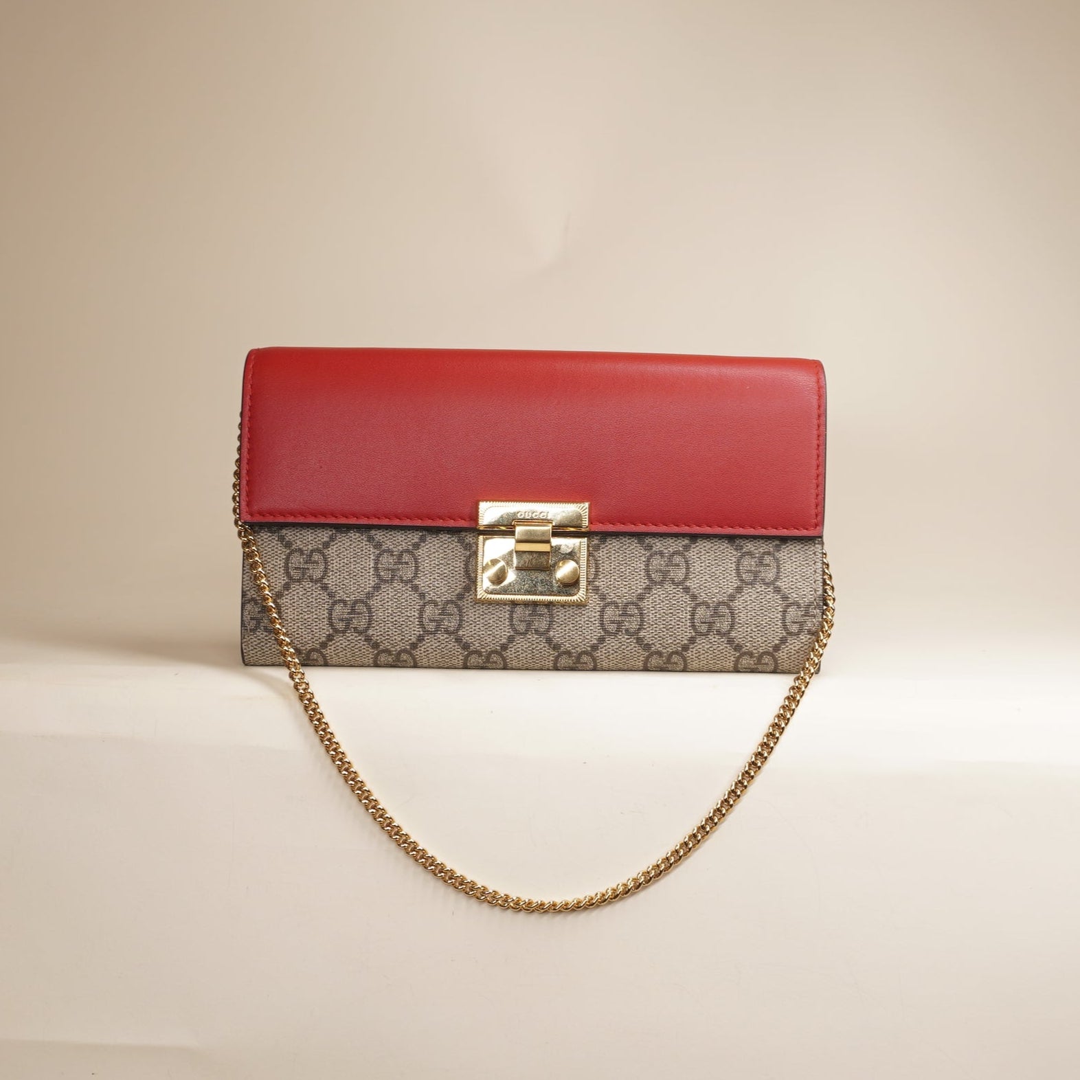 PRE-OWNED GG Supreme Monogram Moon Calfskin Padlock Continental Chain Wallet 