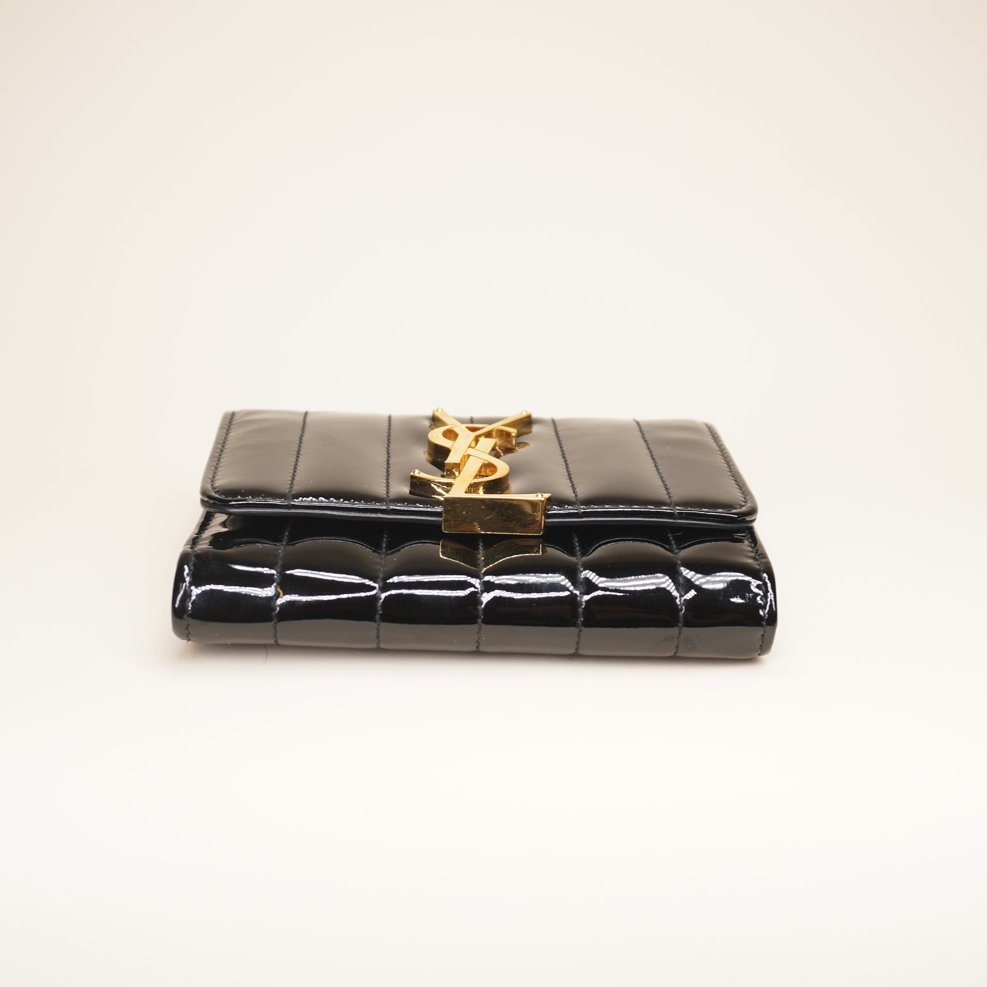 PRE-OWNED YSL Vicky Flap Wallet Vertical Quilted Patent Compact