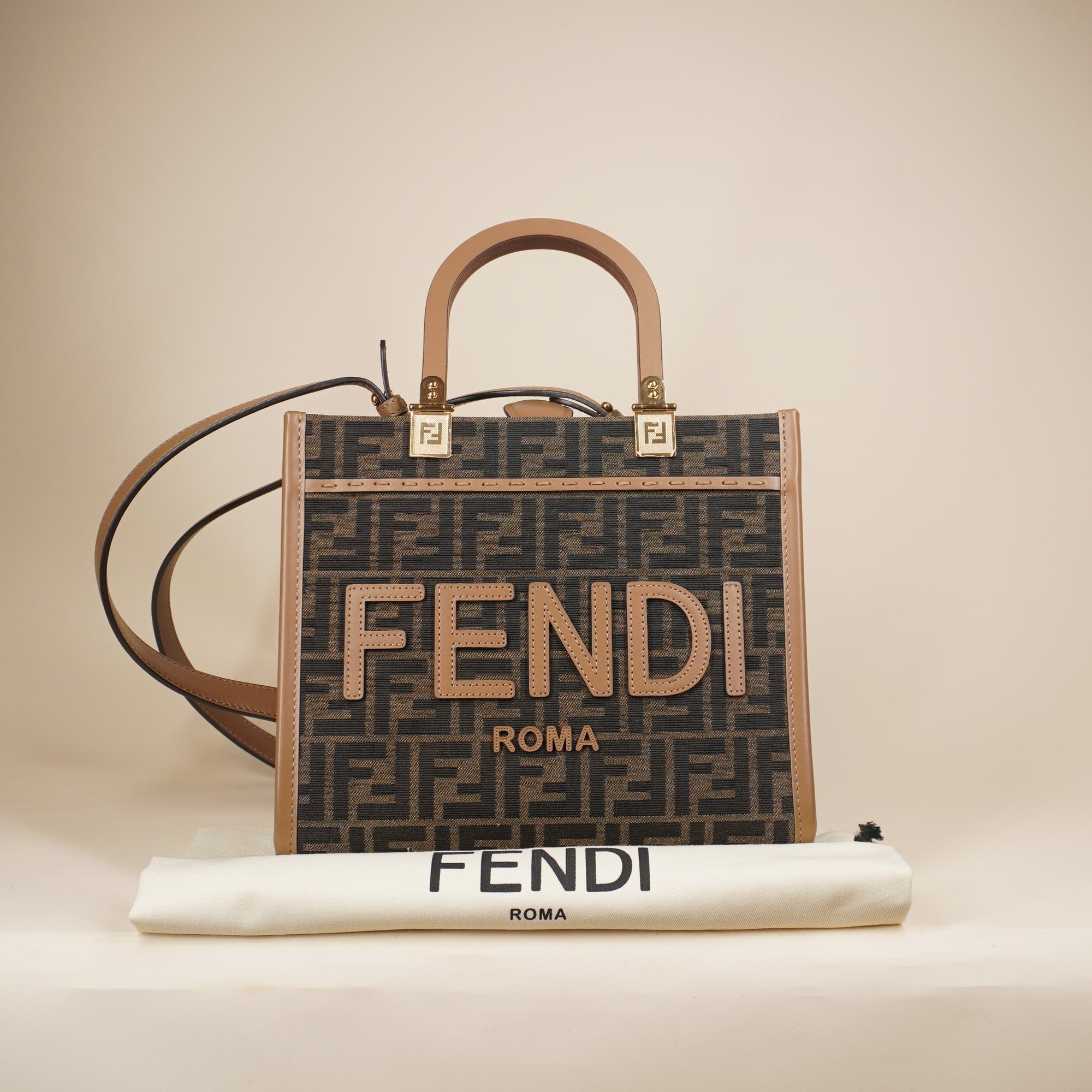 PRE-OWNED Fabric Jacquard FF 1974 Small Sunshine Shopper Tote Brown Moro Sand