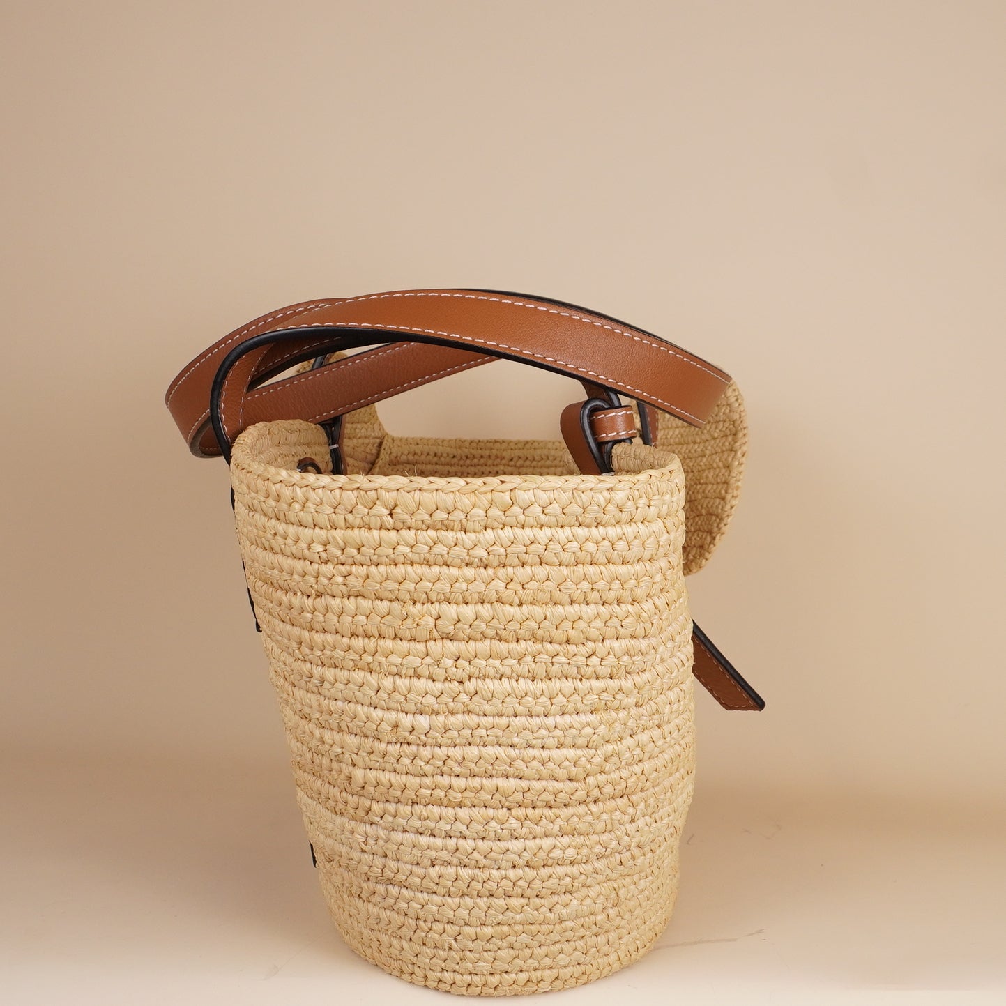 PRE-OWNED Tan Raffia Medium Elephant Basket Tote
